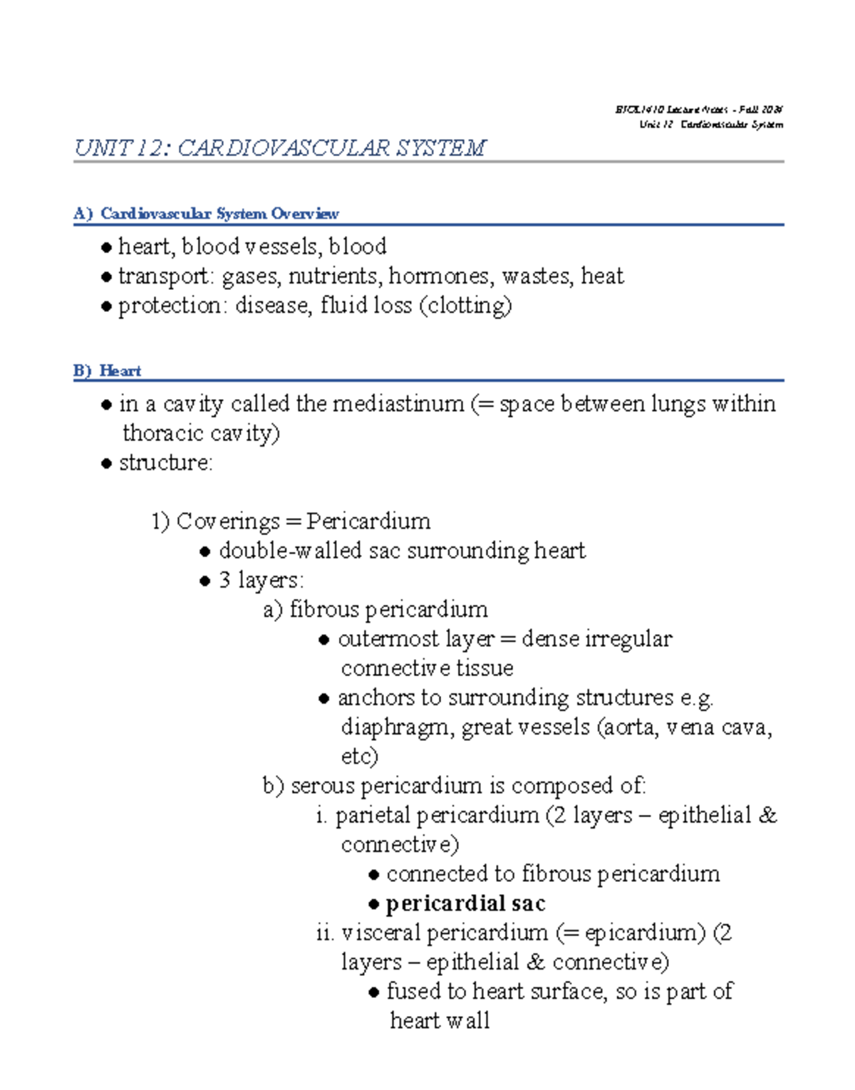 12 - UNIT 12 - Cardiovascular System (2024) - BIOL1410 Lecture Notes ...