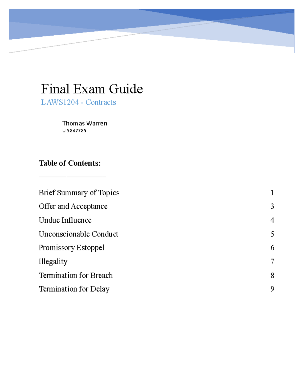 LAWS1204 - Final Exam Topic Guide for Contracts Law - Studocu