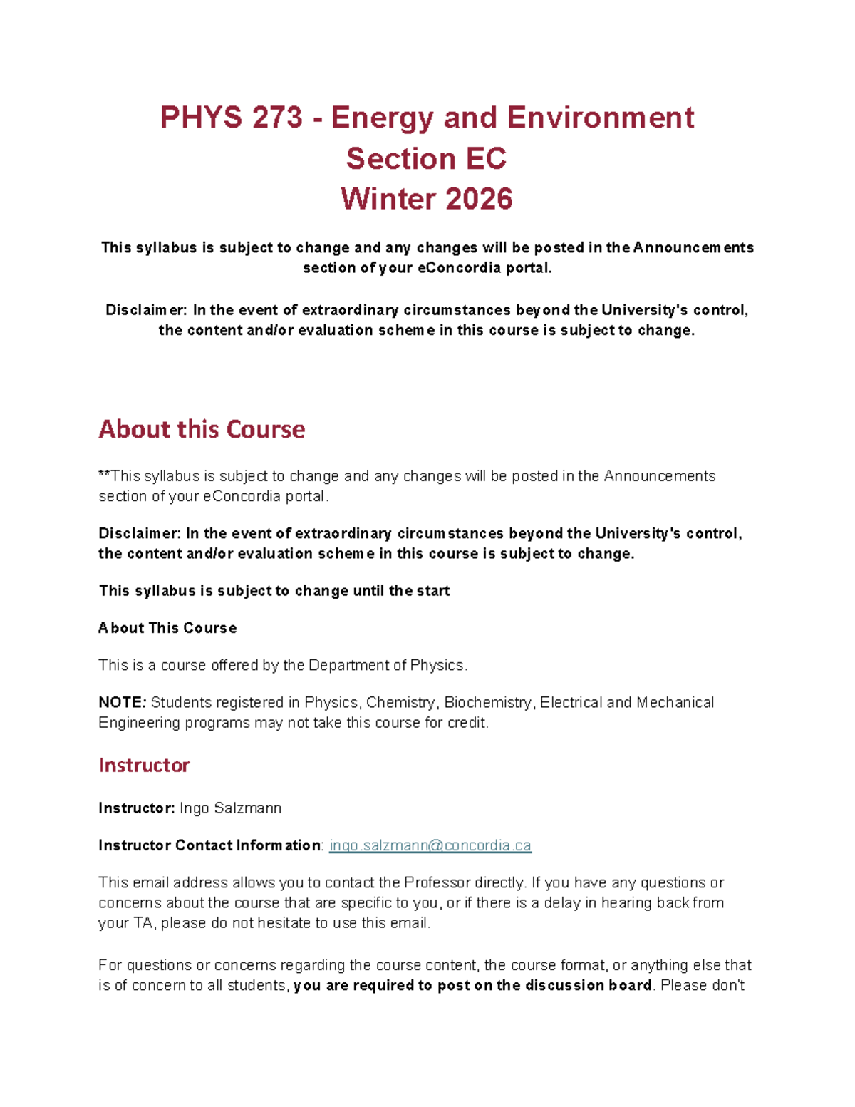 PHYS 273 Energy and Environment Course Outline Winter 2026 - Studocu
