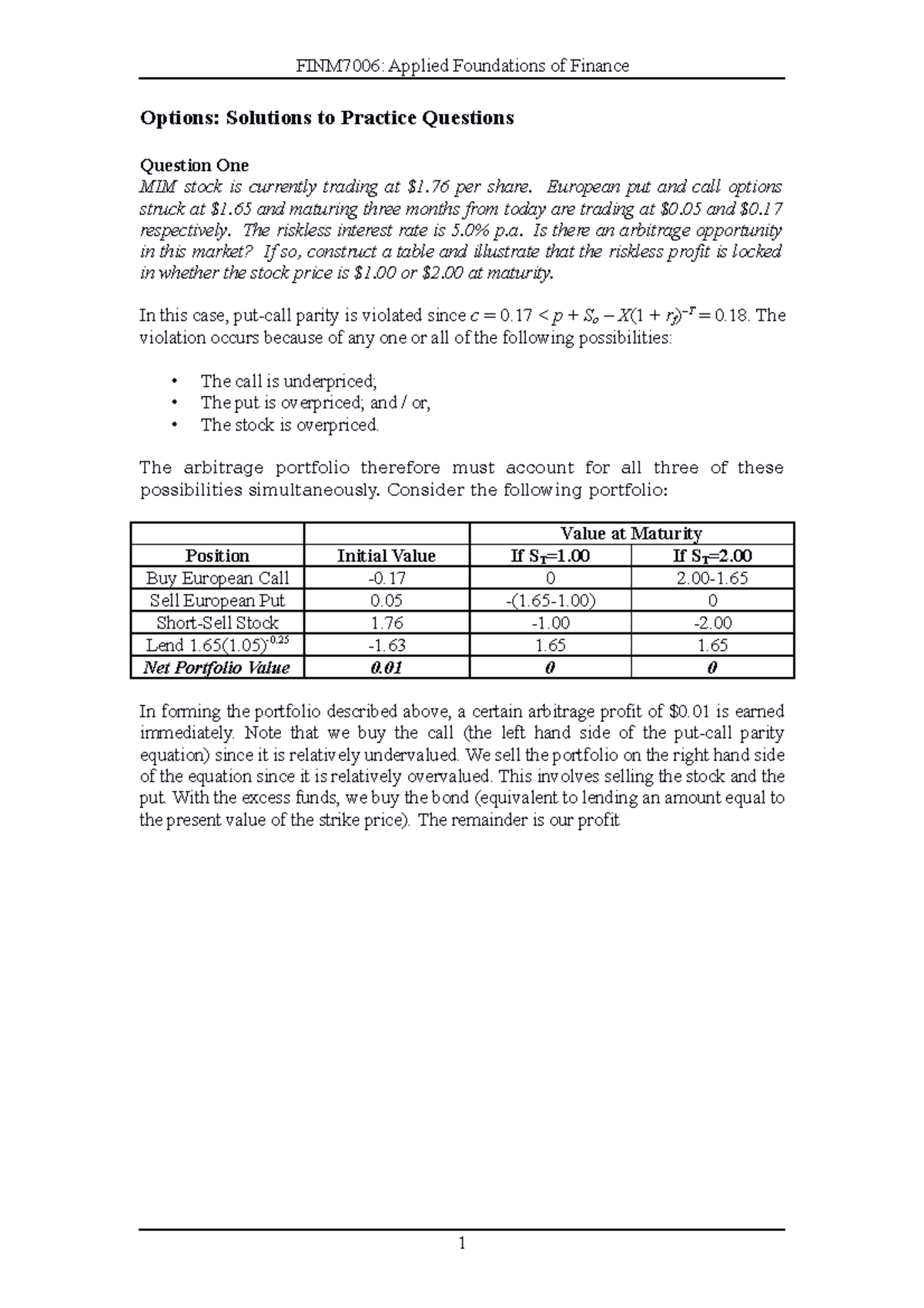 10) Options Solutions to Practice Questions - FINM7006: Applied ...