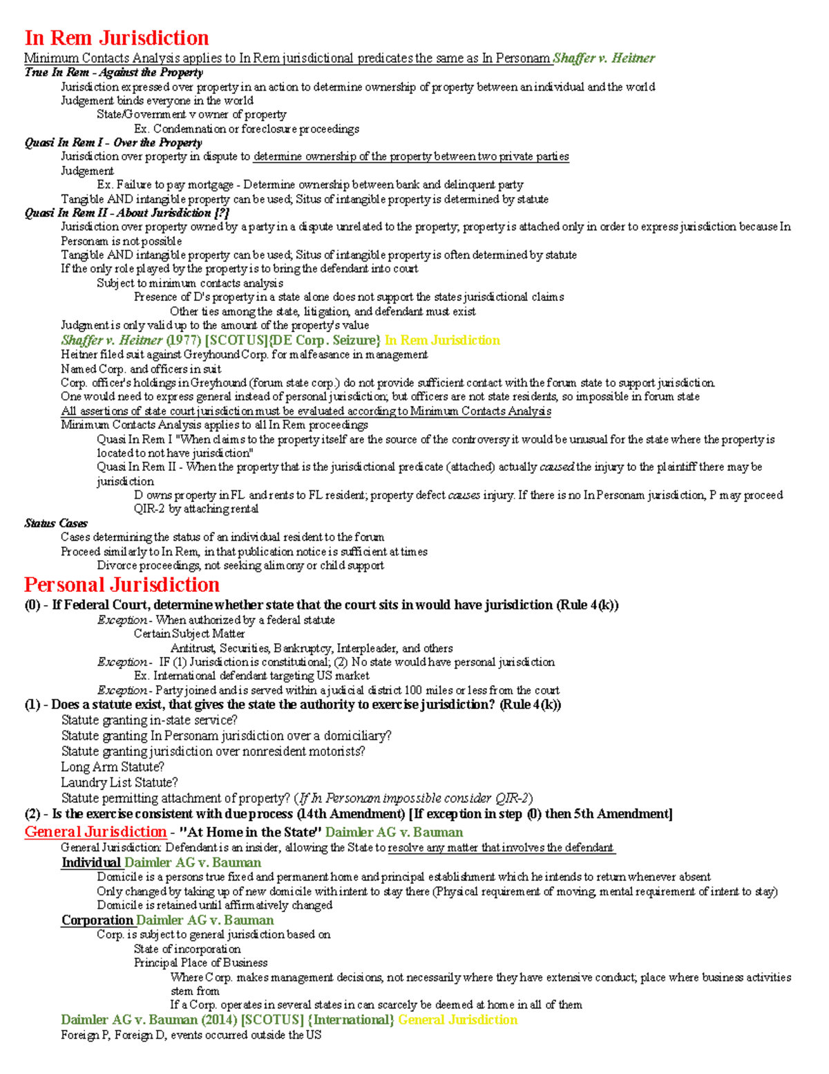 Civ Pro Outline: In Rem Jurisdiction & Minimum Contacts Analysis - Studocu