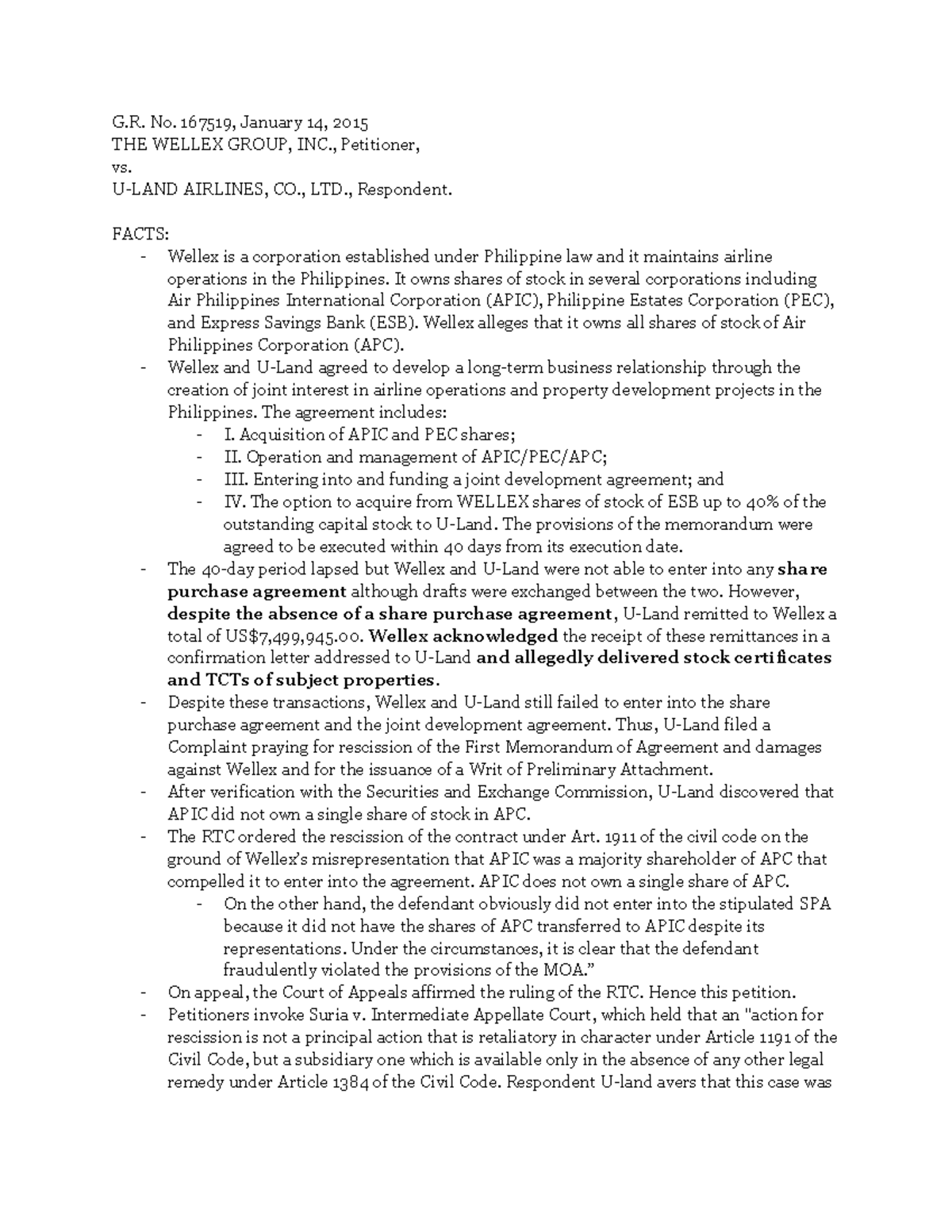 G.R. No. 167519: Decision Analysis on Wellex Group vs. U-Land Airlines ...