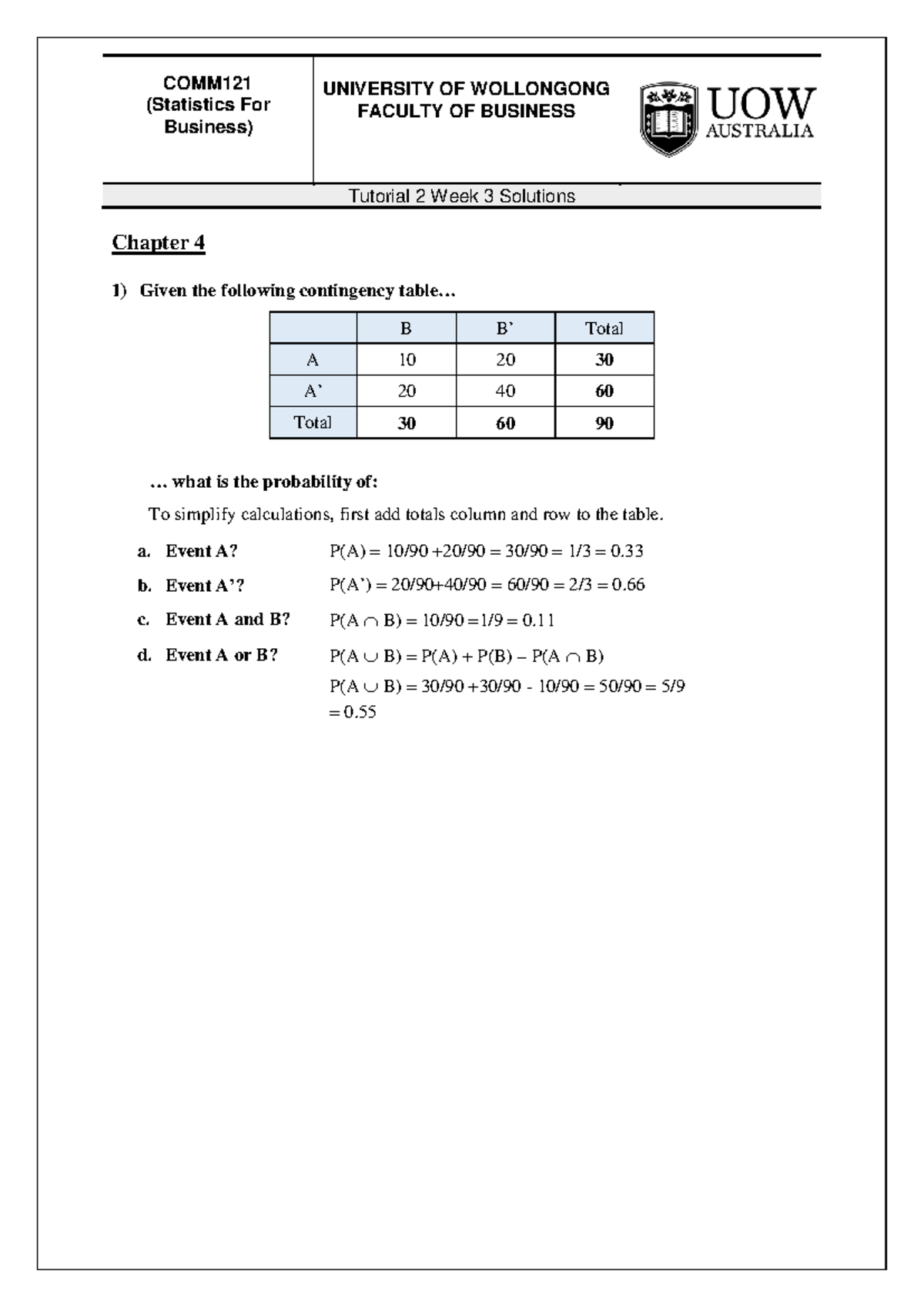 Tutorial 2 Solutions for Chapter 4 - Stats for Biz (COMM) - Studocu