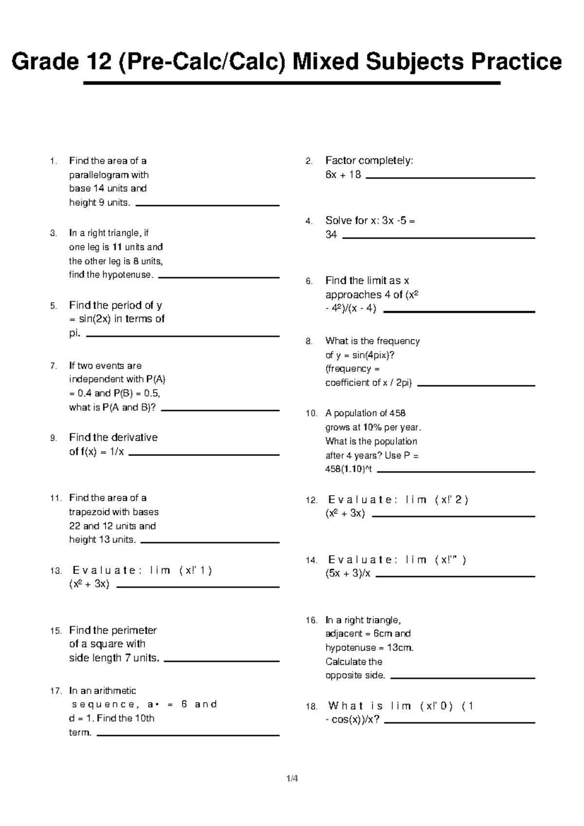 Grade 12 Calc Mixed Subjects Practice 2 - Studocu