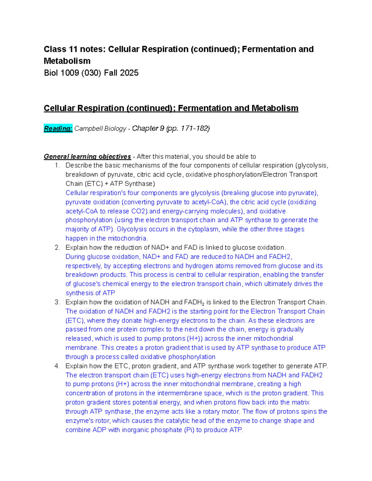 Biol 1009 Lecture Notes: Cellular Respiration & Fermentation - Studocu