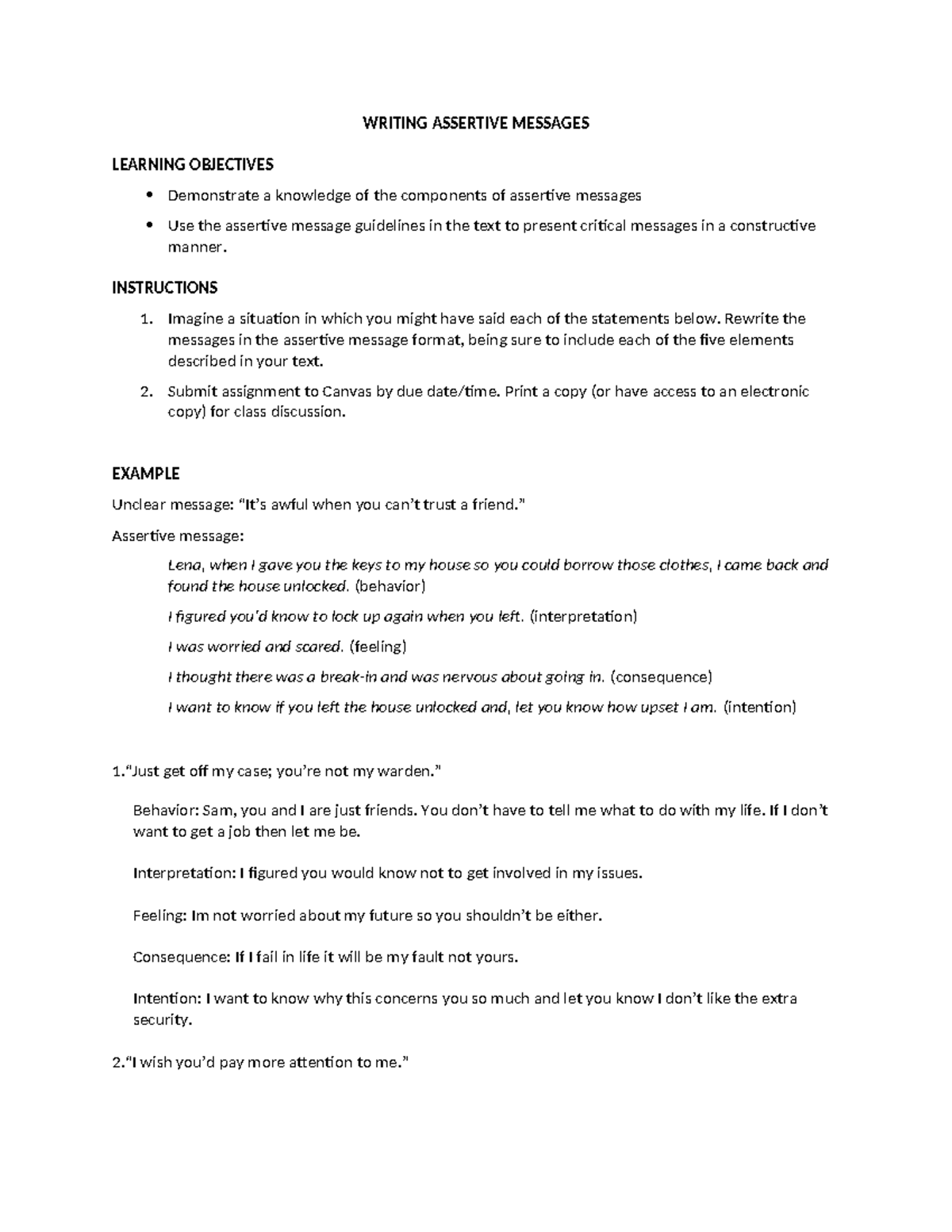 Course Code: Writing Assertive Messages - Techniques & Guidelines - Studocu