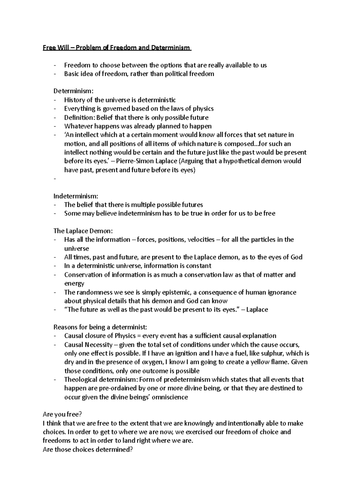 Free Will - Lecture notes 3 - PH135 - Warwick - Studocu