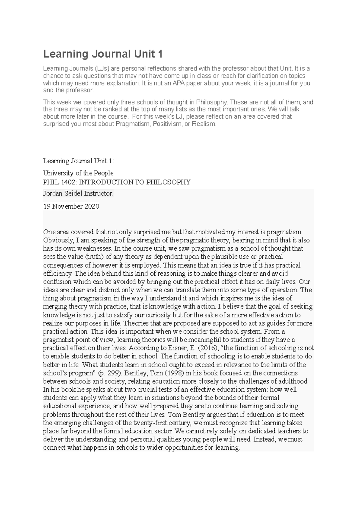 PHIL 1402: Learning Journal Reflection on Pragmatism in Unit 1 - Studocu