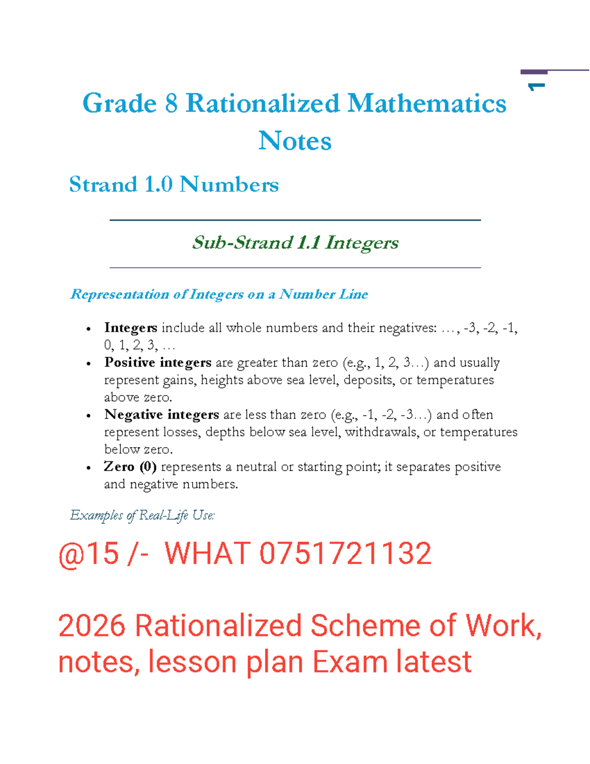Grade 8 MATH Rationalized Notes: Integers, Fractions, Decimals & More ...