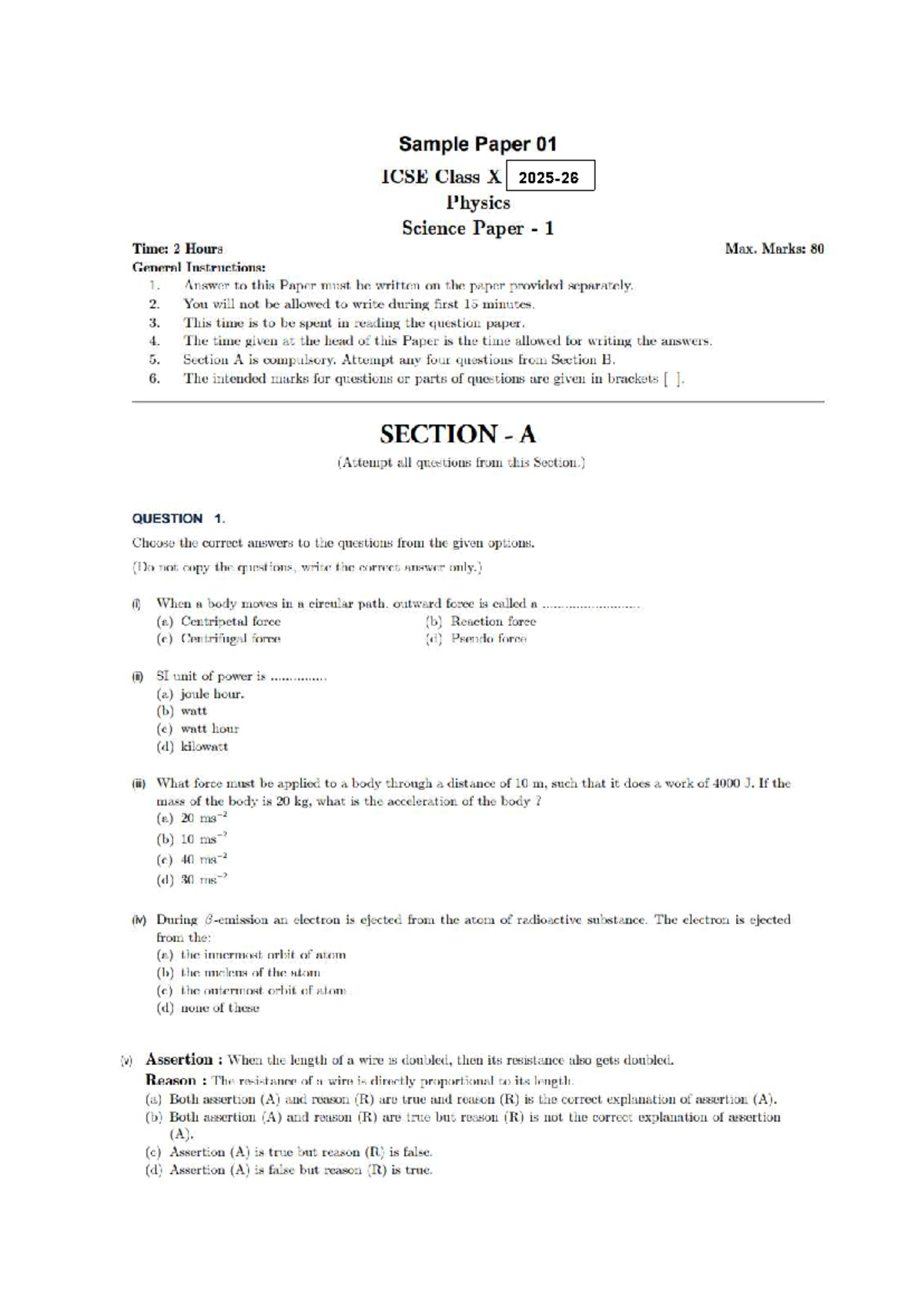 Class 10 ICSE Physics Sample Question Paper 1 - Studocu