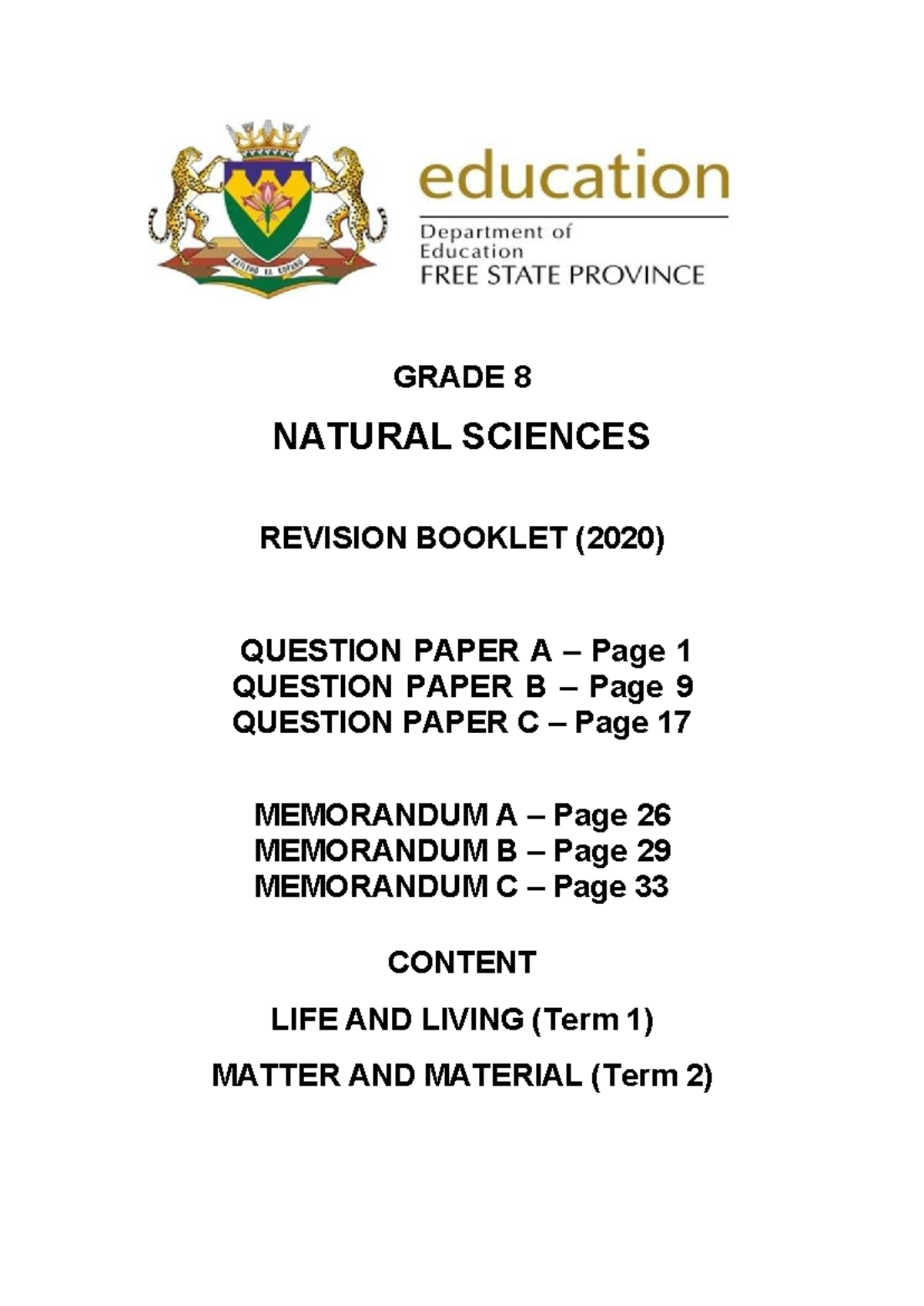 NS GRADE 8 NATURAL SCIENCES JUNE EXAM REVISION BOOKLET - Studocu