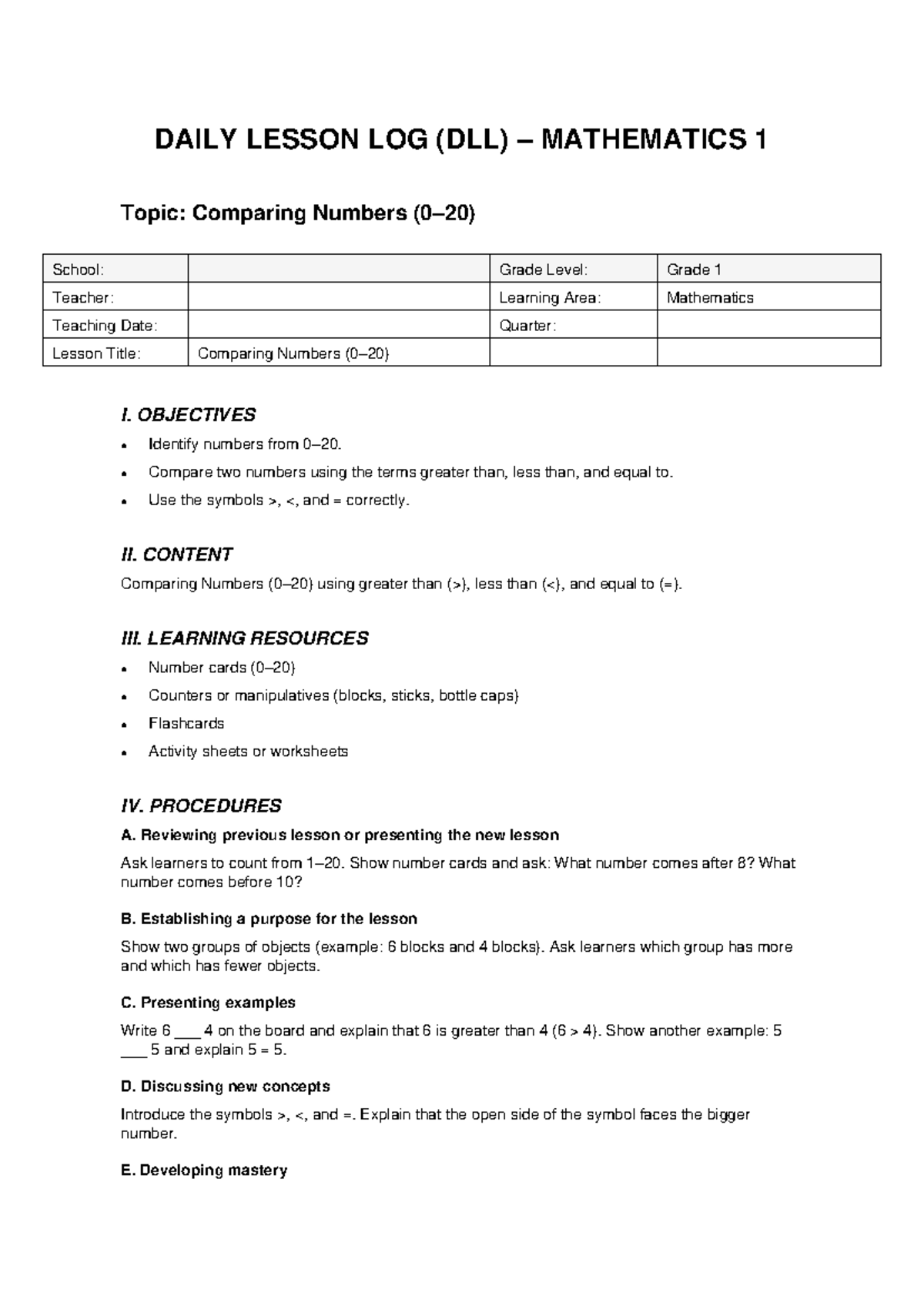 DAILY LESSON LOG (DLL) GRADE 1 MATHEMATICS: Comparing Numbers - Studocu