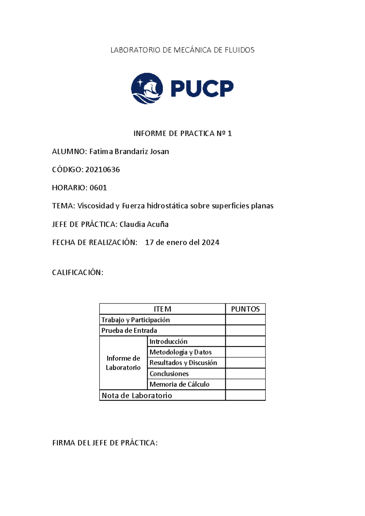 Informe de Laboratorio Nº 1: Viscosidad y Fuerza Hidrostática (0601) - Document Preview