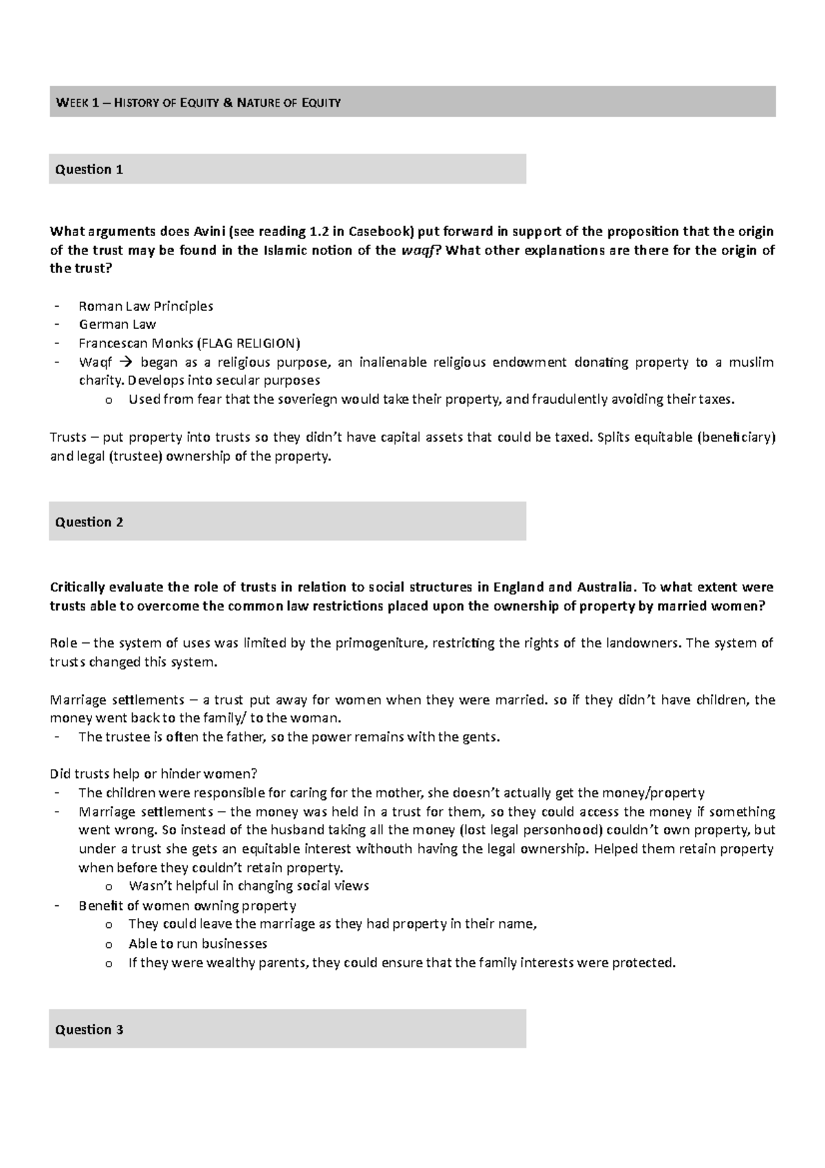 LAWS3021: Equity & Trusts - Tutorial Questions Answers (Weeks 1 & 2 ...