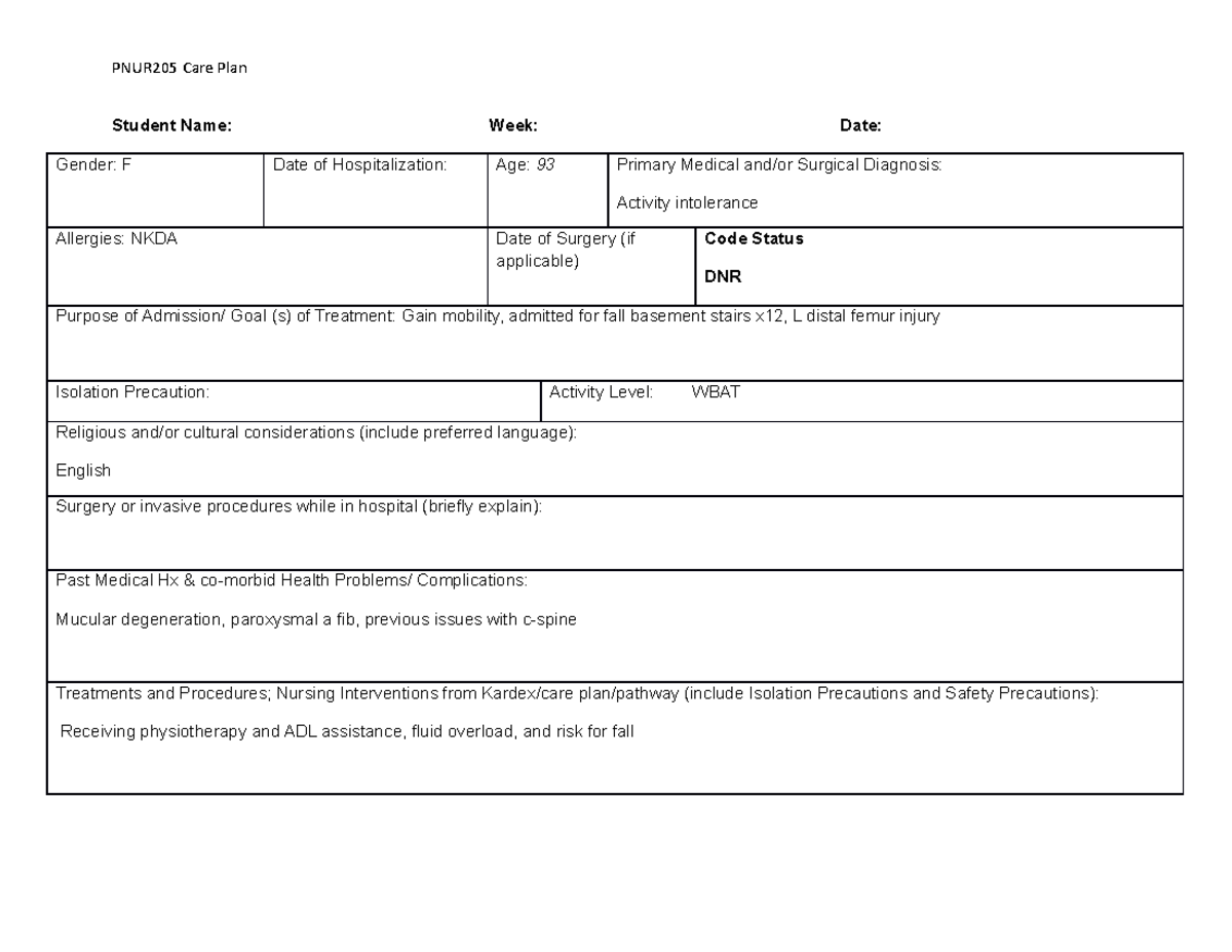 Care Plan 2: Fall Risk Management for 93-Year-Old Female Patient - Studocu
