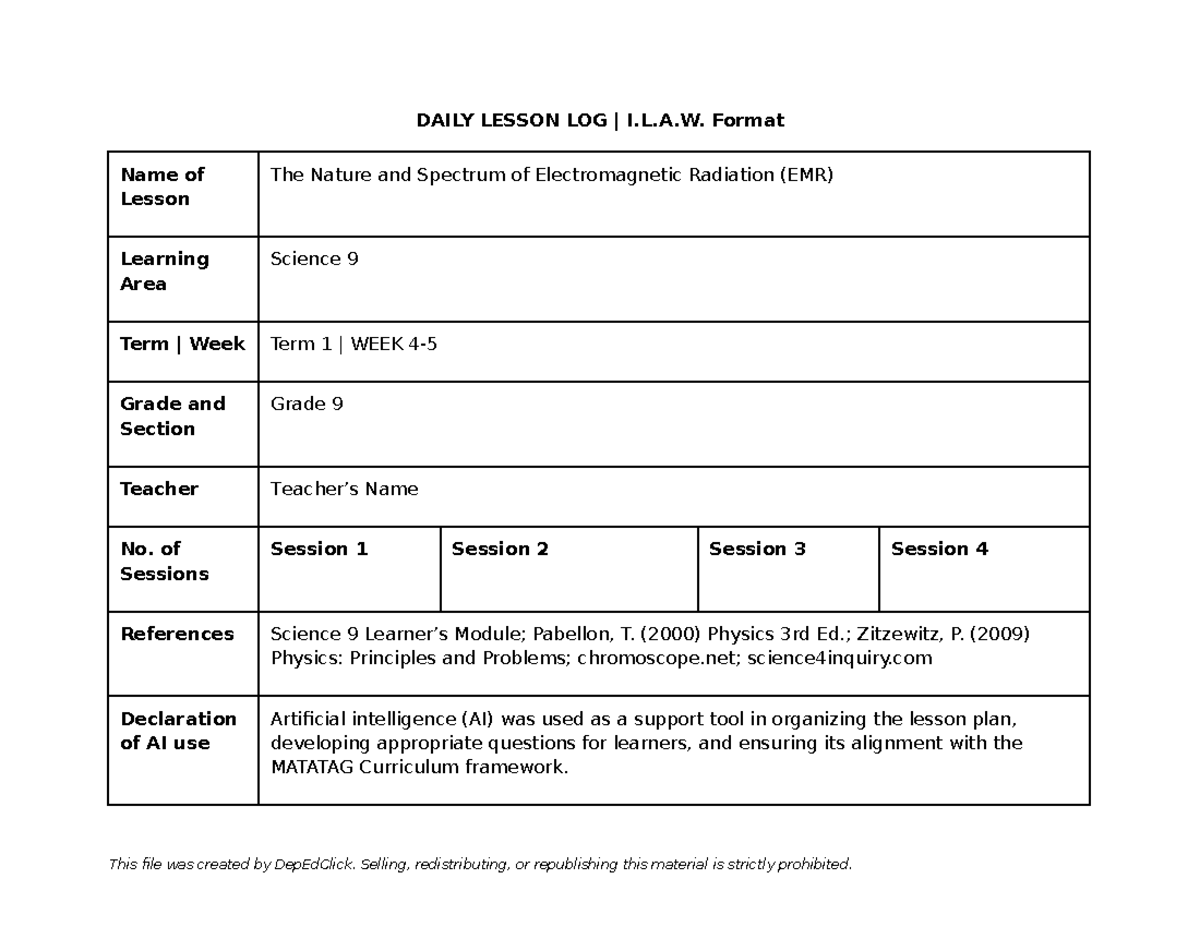 Grade 9 Science Daily Lesson Log T1 W4: Electromagnetic Radiation - Document Preview