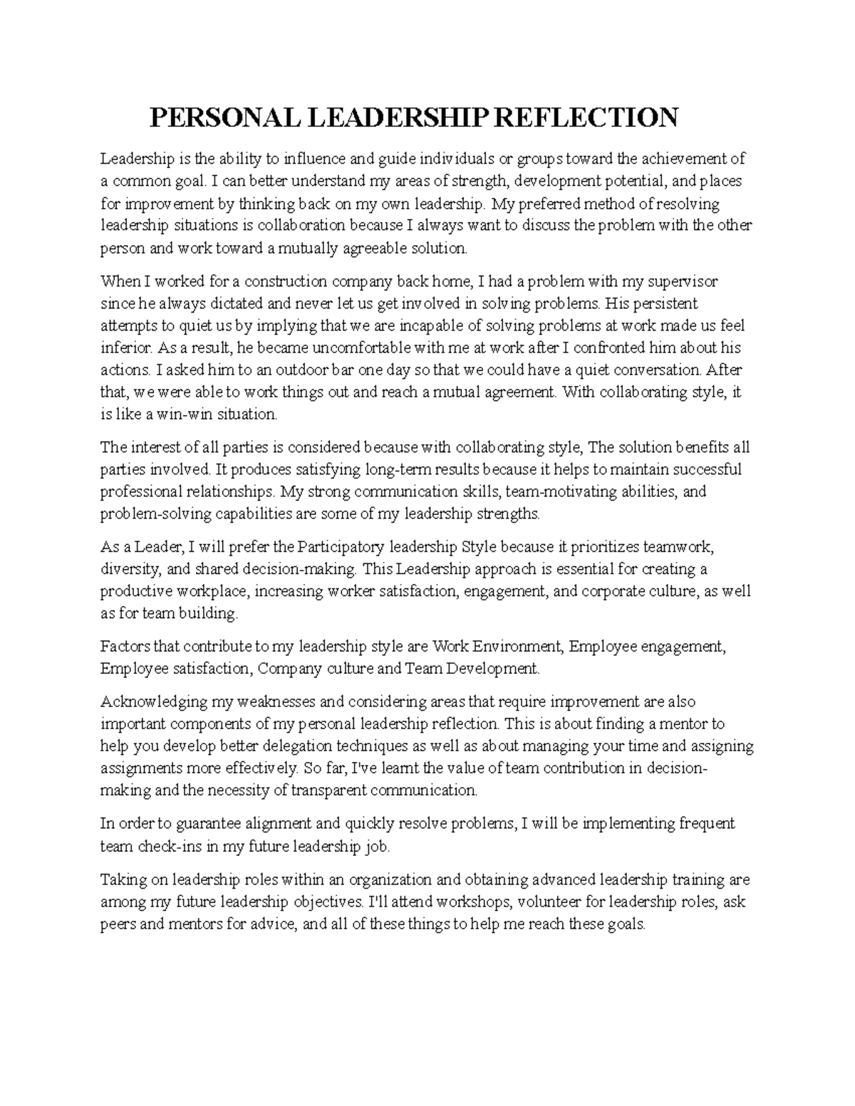 Leadership Assignment - Personal Reflection on My Leadership Style ...