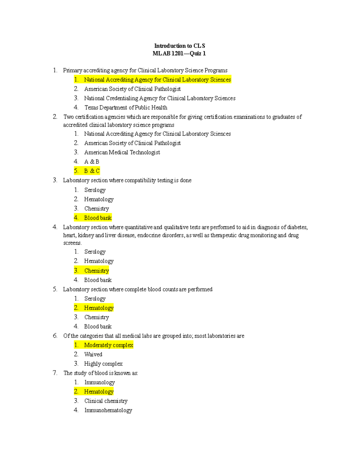 MLAB 1201 Quiz 1 - Clinical Laboratory Science Overview - Studocu