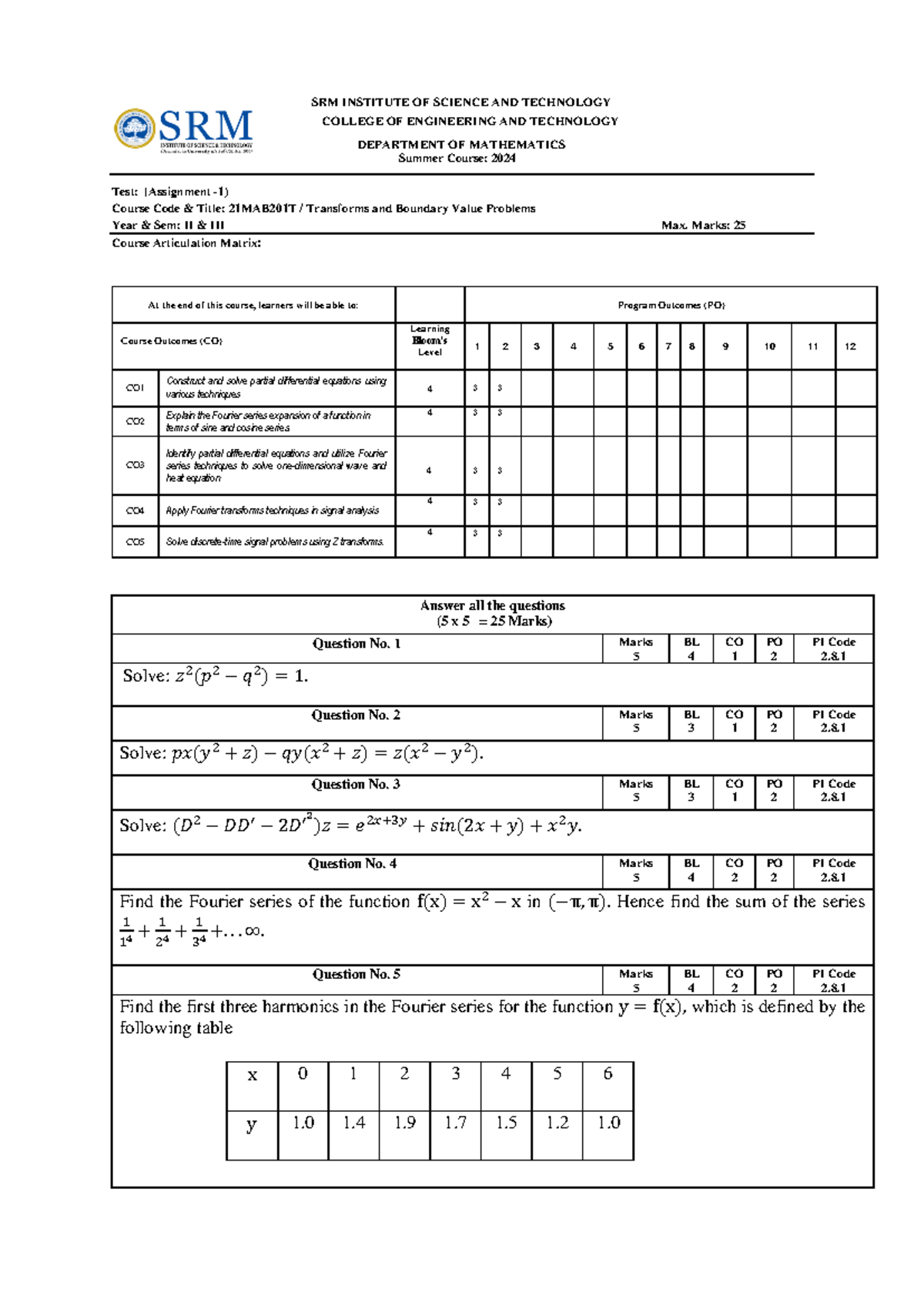Assignment-I - Maths 1 assignment - SRM INSTITUTE OF SCIENCE AND ...