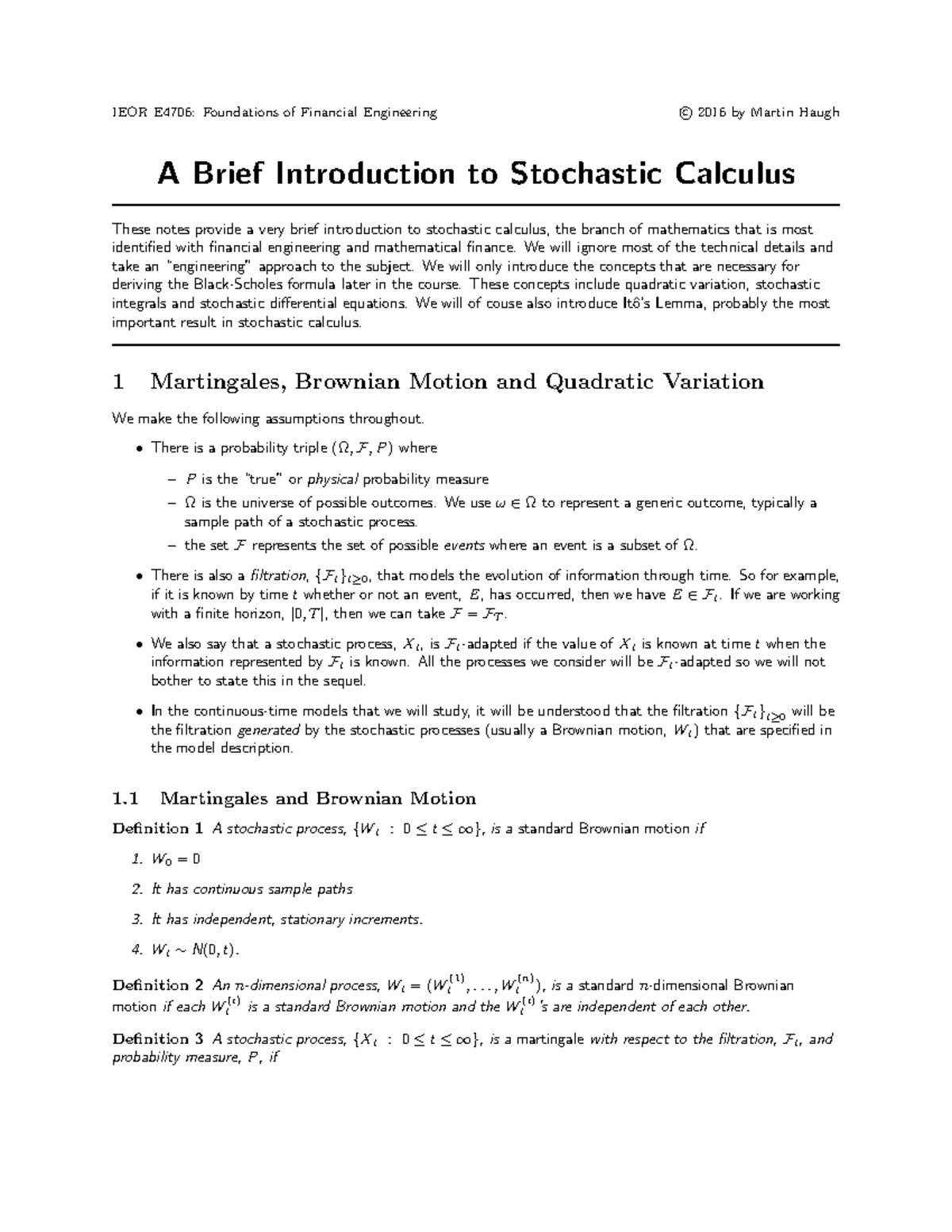 IEOR E4706: Intro to Stochastic Calculus - Key Concepts and Theorems ...