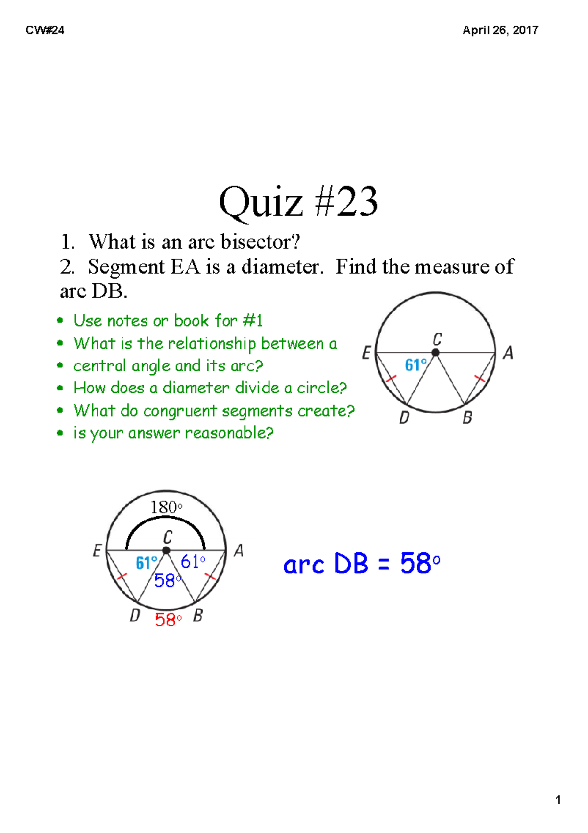 CW#24 - Quiz Study Guide on Geometry and Inscribed Angles - Studocu