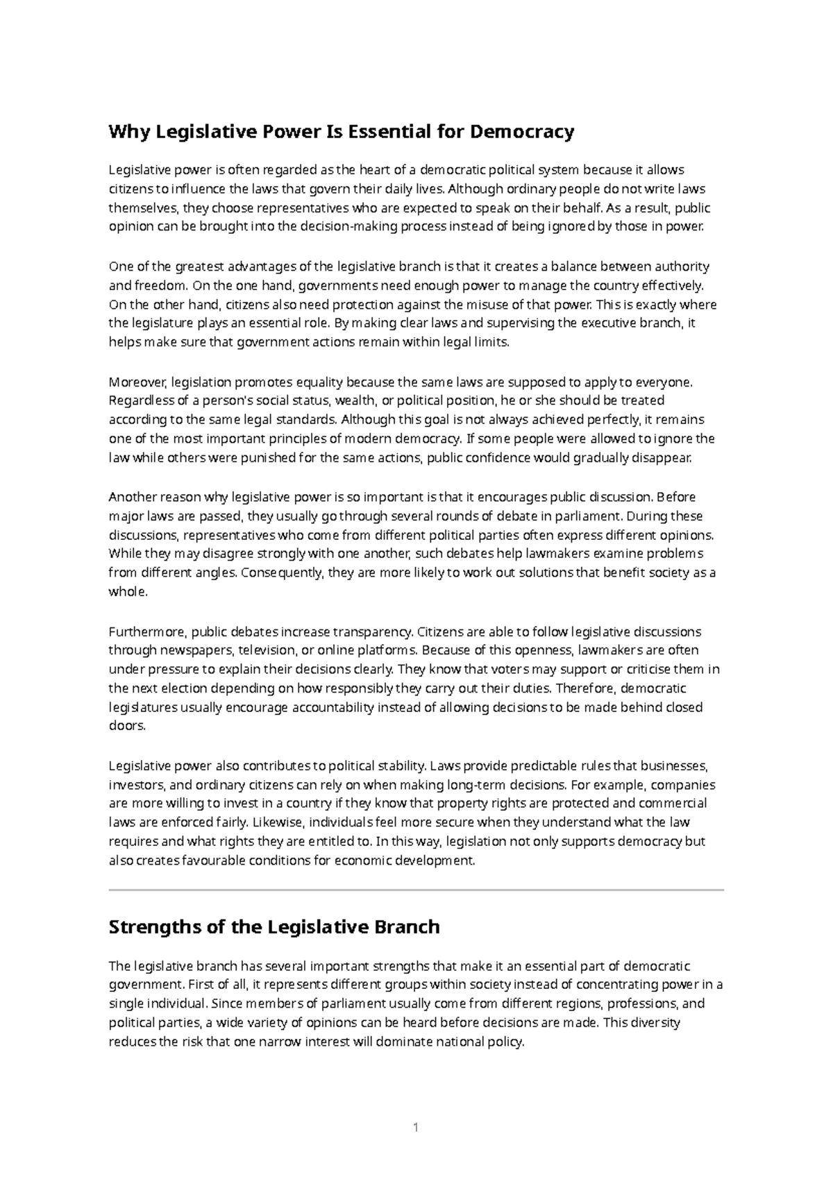 Legislative Power and Democracy: Essential Roles and Challenges - Studocu