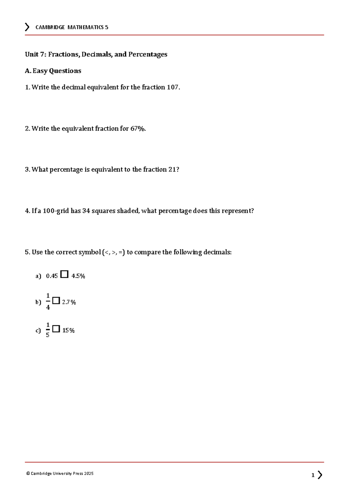 Maths 5 - Unit 7: Fractions, Decimals & Percentages - Questions - Studocu