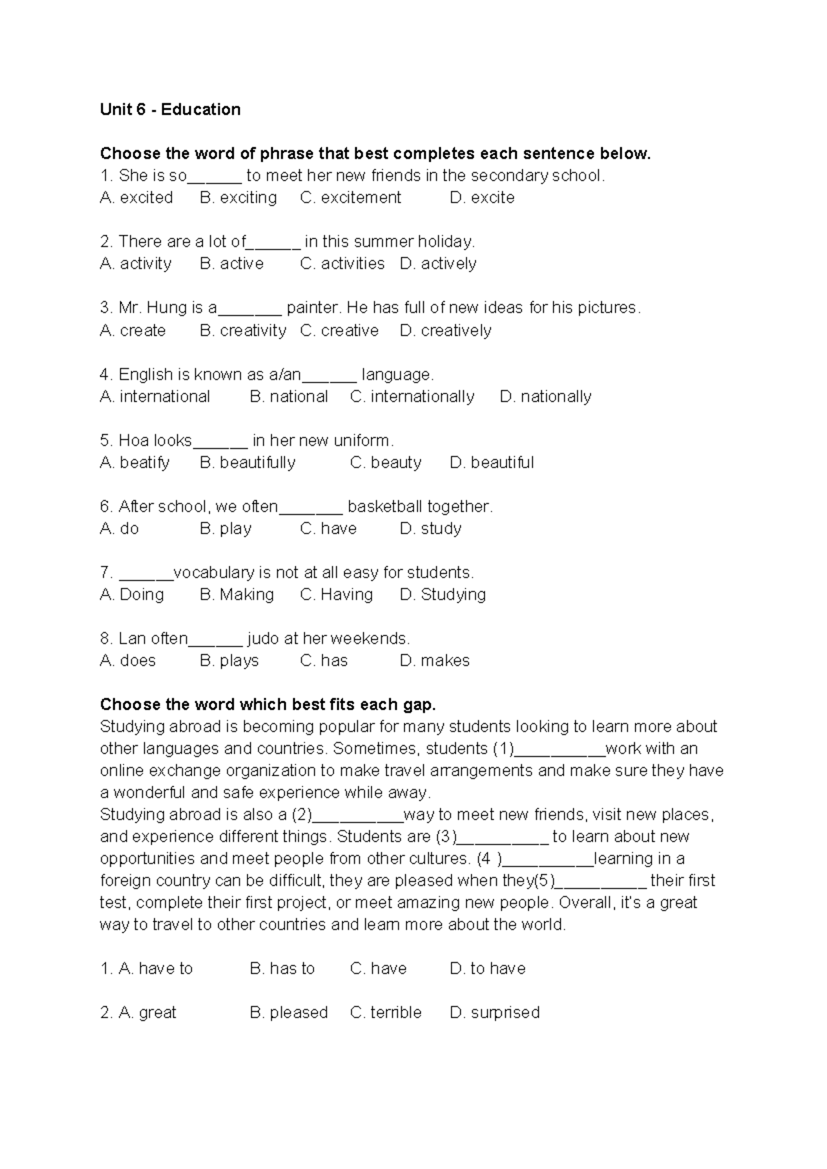 Unit 6 Education: Vocabulary and Sentence Completion Exercises - Studocu