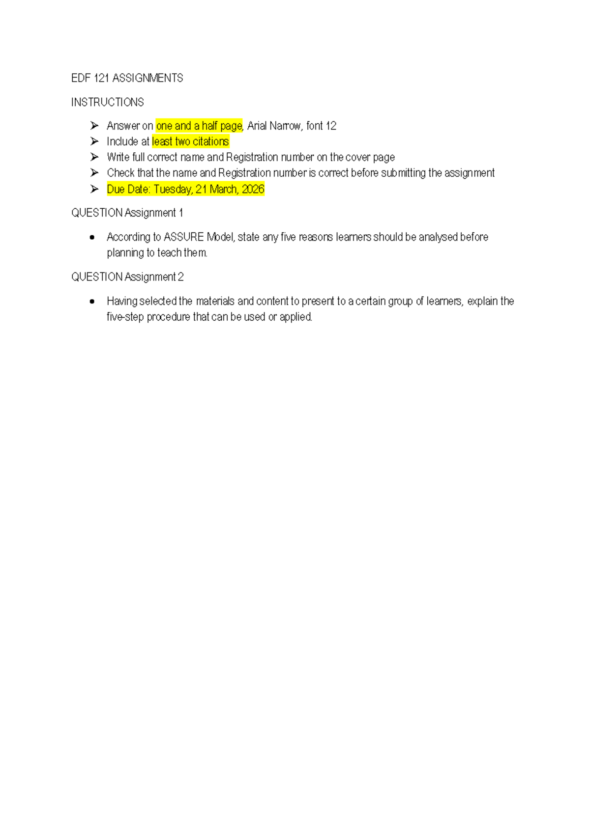 EDF 121 Assignment 1 - Attempt the questions - EDF 121 ASSIGNMENTS ...