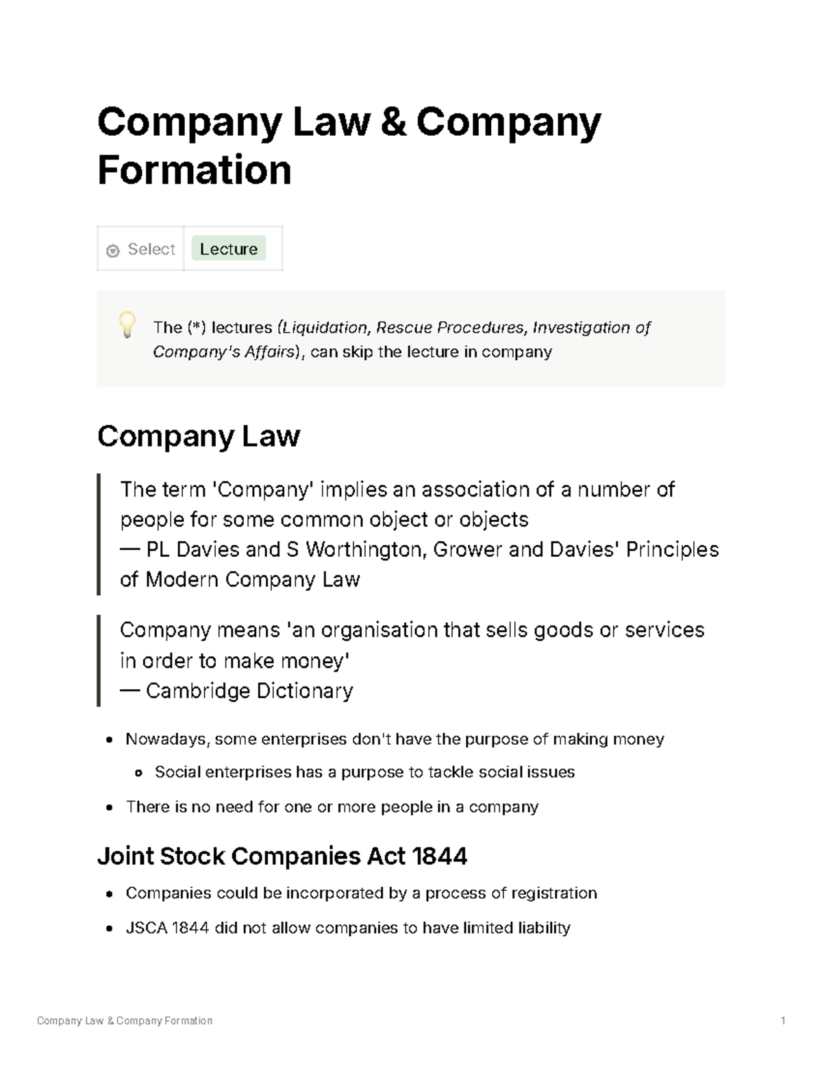 Company Law & Company Formation: Key Lecture Notes - Studocu