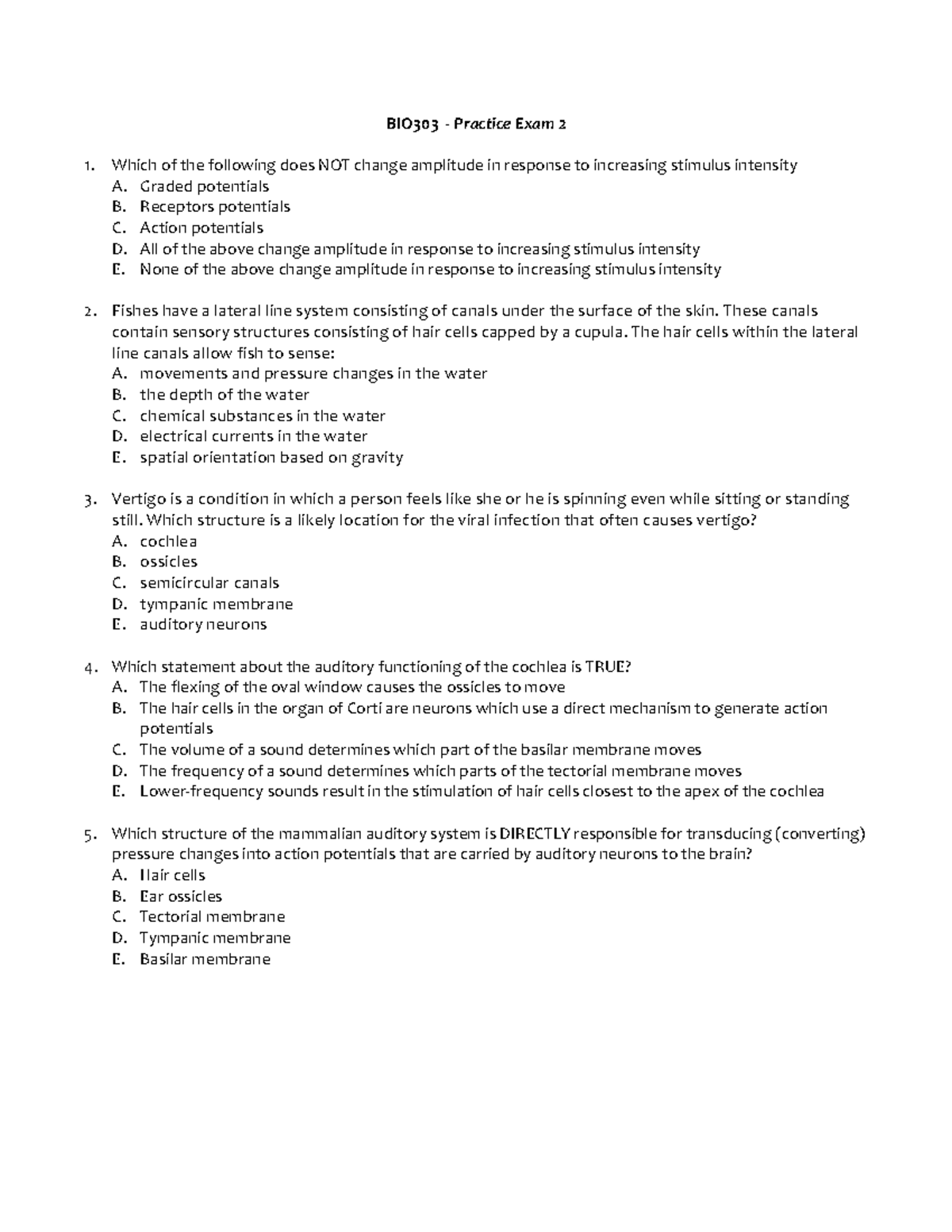 BIO303 exam 2 practice - BIO303 - Practice Exam 2 Which of the ...