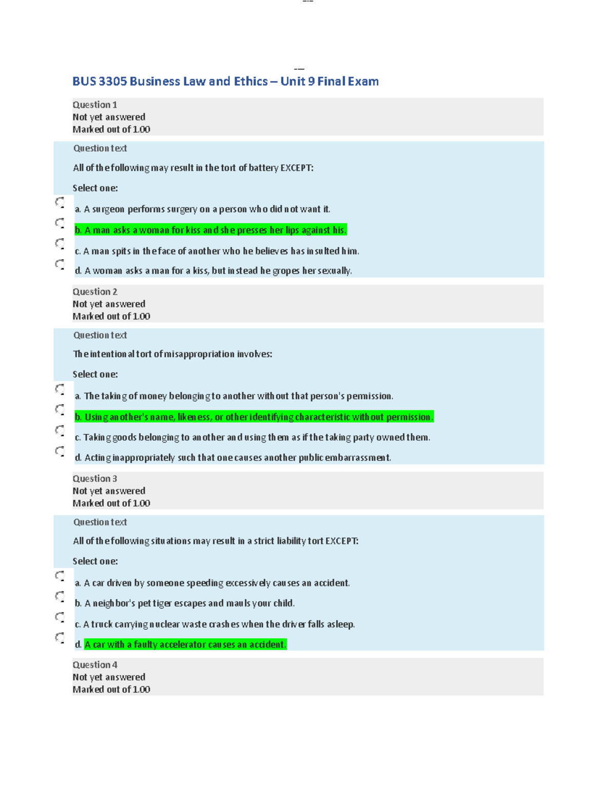 BUS 3305 Business Law and Ethics Final Exam Review Questions - Studocu