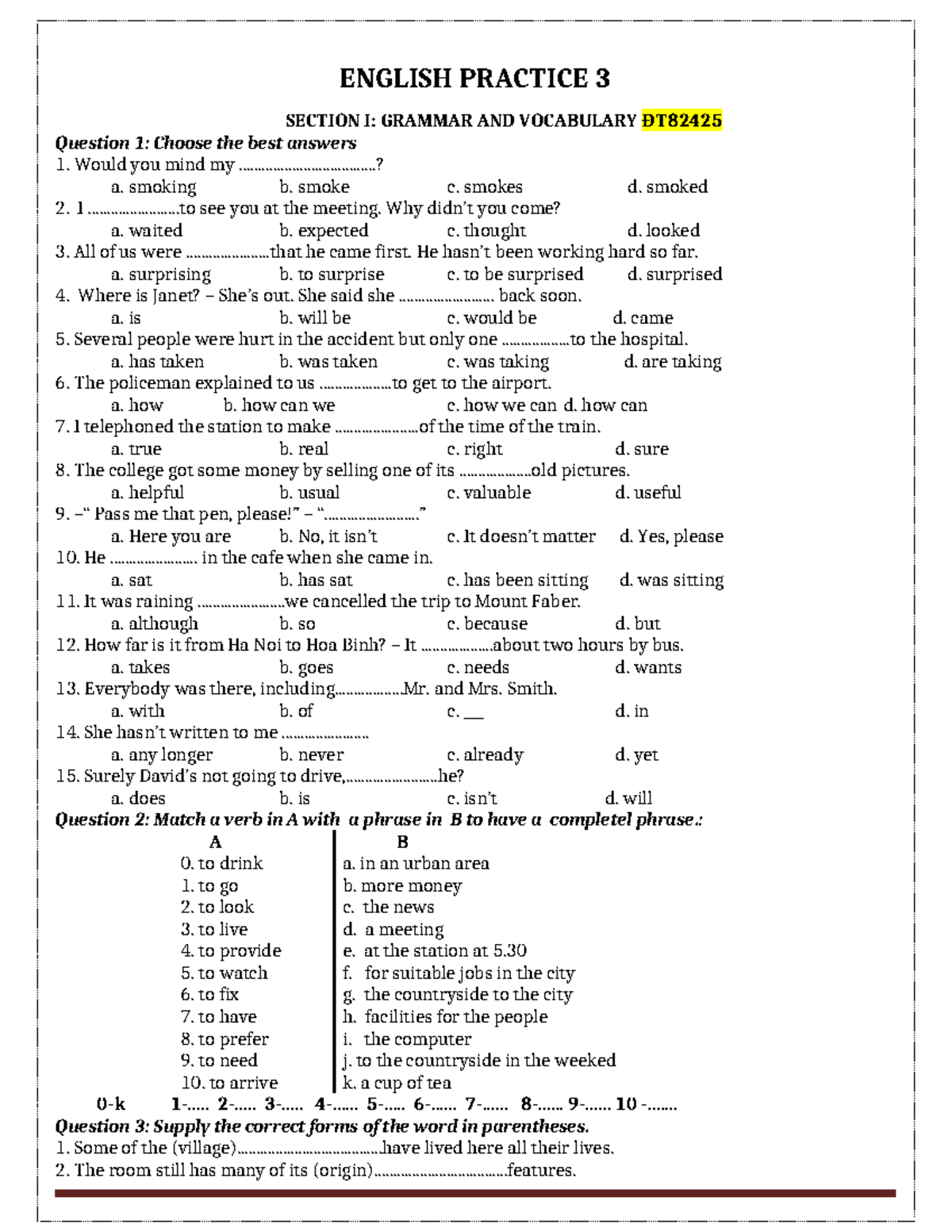 ENGLISH PRACTICE 3: GRAMMAR & VOCABULARY ĐT82425 Exam Questions and ...