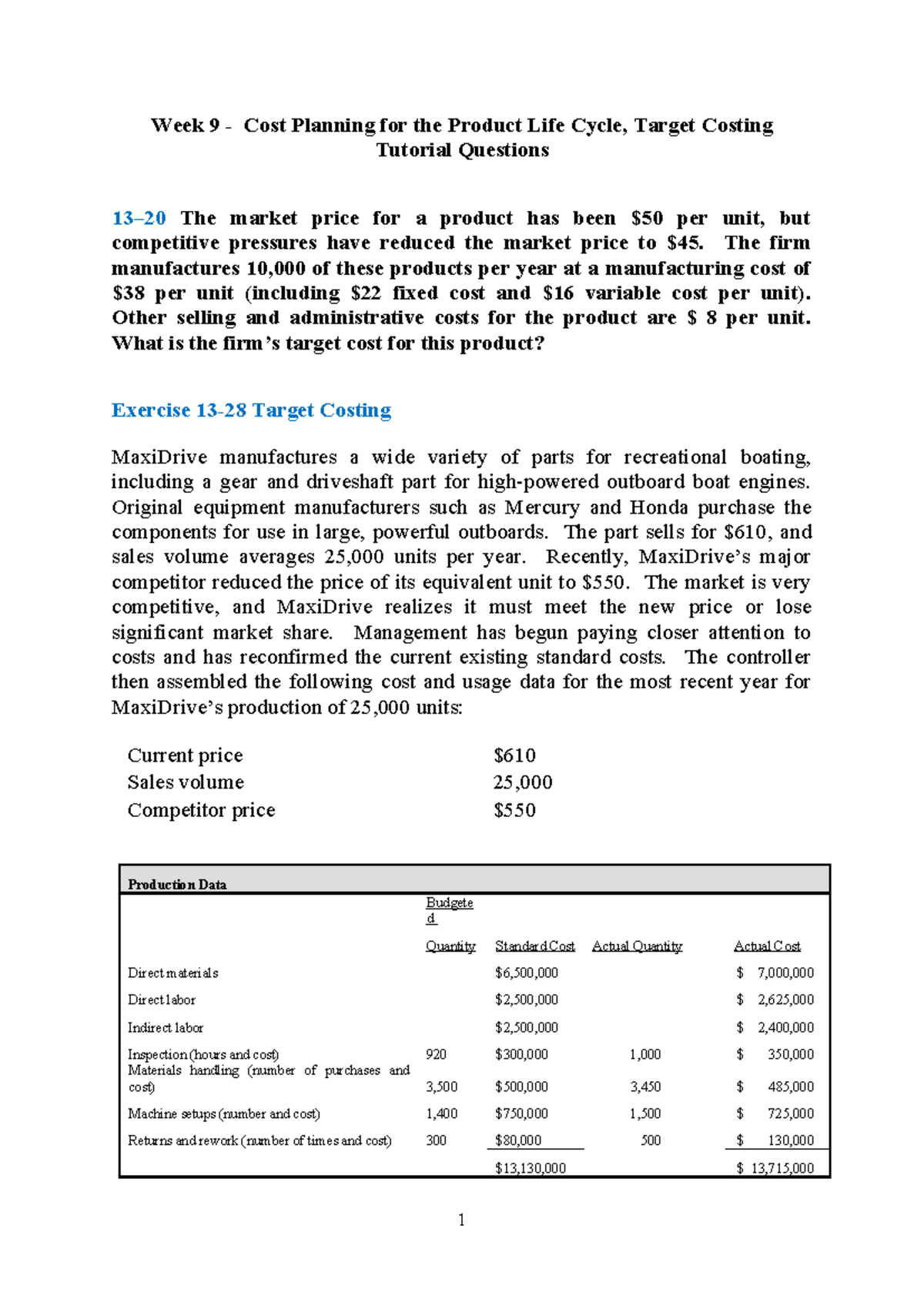 Week 9 Tutorial: Cost Planning & Target Costing Analysis - Studocu