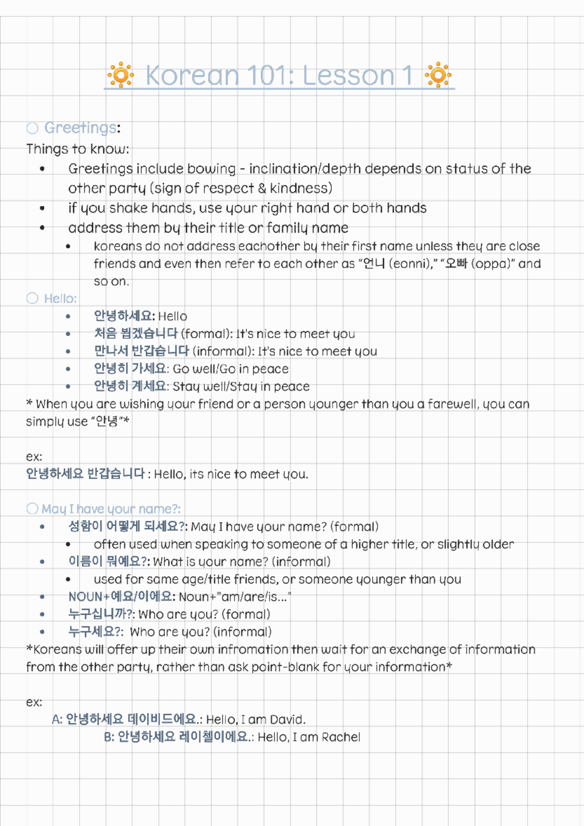 Korean 101 Lesson 1 - Greetings and exchanging names - Korean 101 ...