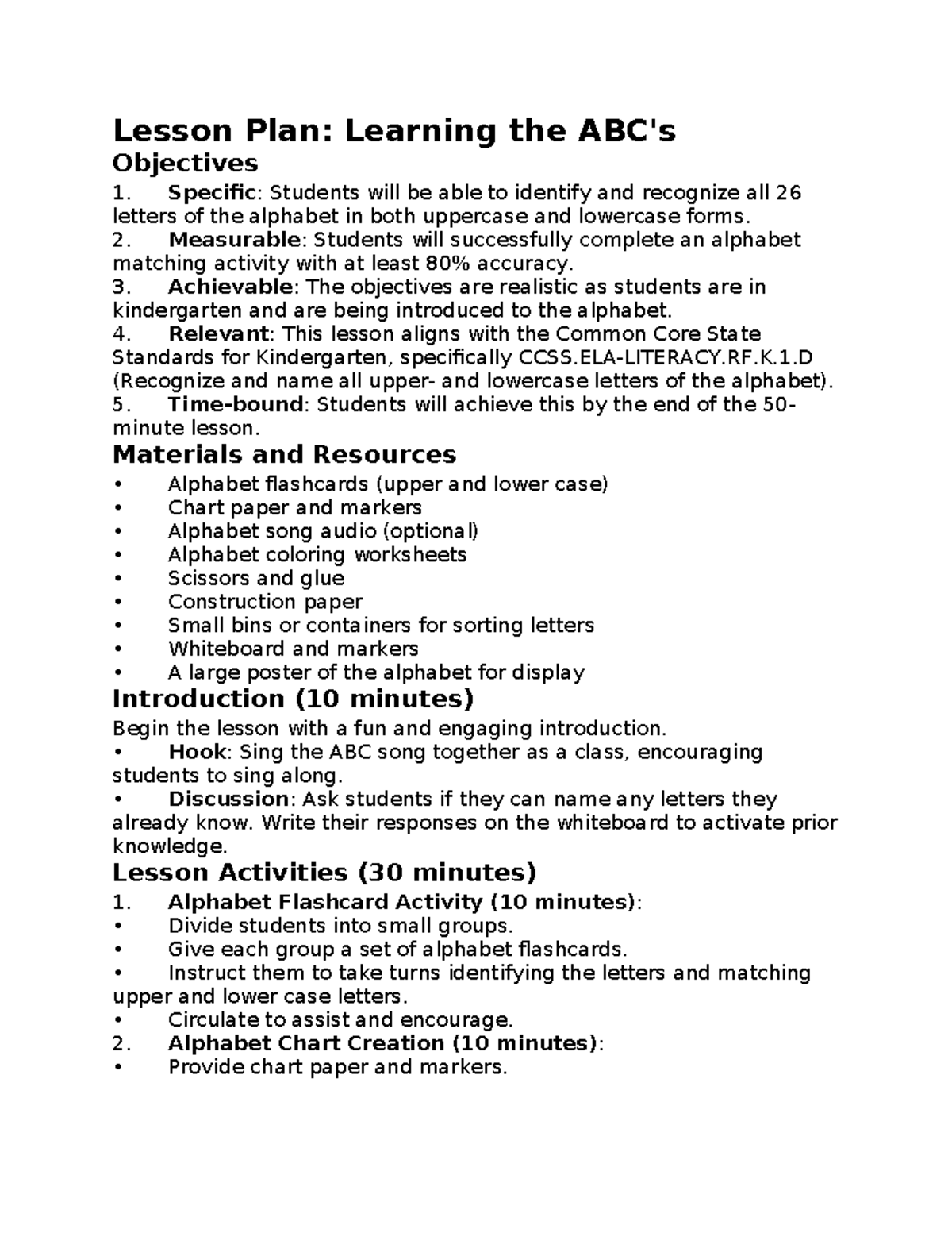 Mock Lesson Plan - Lesson Plan: Learning the ABC's Objectives Specific ...