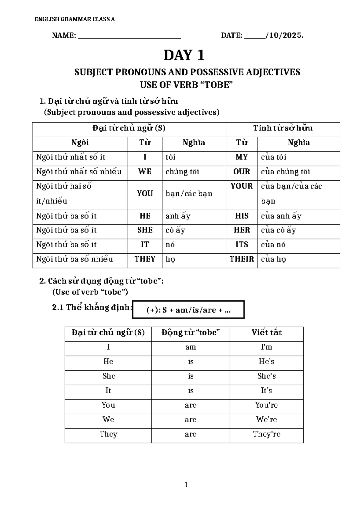 ENGLISH GRAMMAR CLASS A - DAY 1: SUBJECT PRONOUNS & ADJECTIVES - Studocu