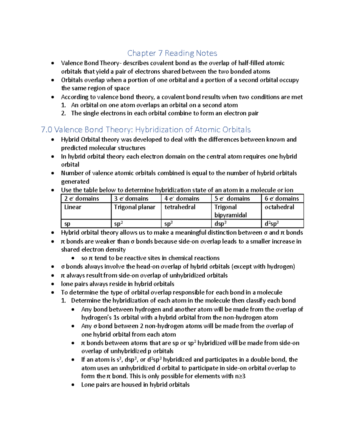 Chapter 7 Reading Notes - Chapter 7 Reading Notes Valence Bond Theory ...