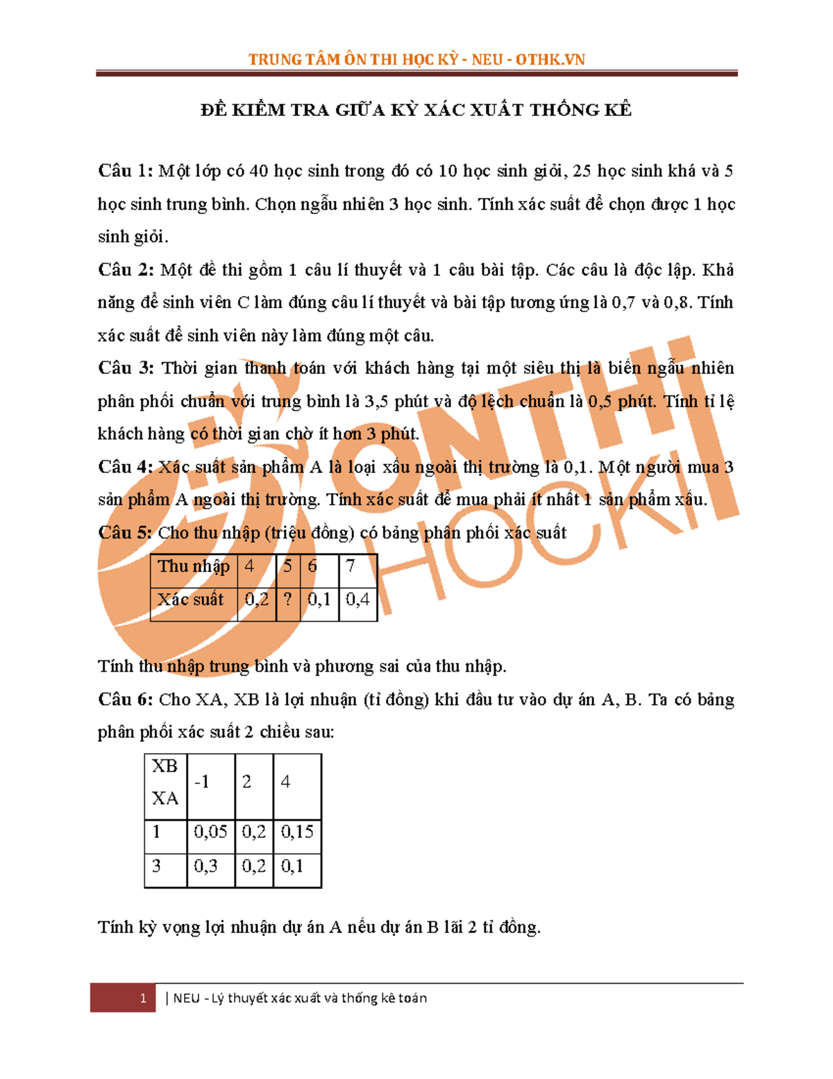 ĐỀ KIỂM TRA GIỮA KỲ MÔN XÁC XUẤT THỐNG KÊ: 5 ĐỀ THI CHI TIẾT - Document Preview