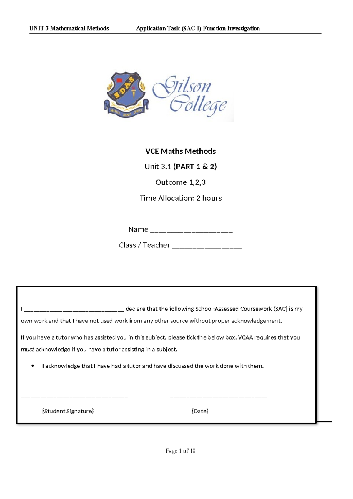 VCE Maths Methods Unit 3.1 - SAC 1 Function Investigation Guide - Studocu