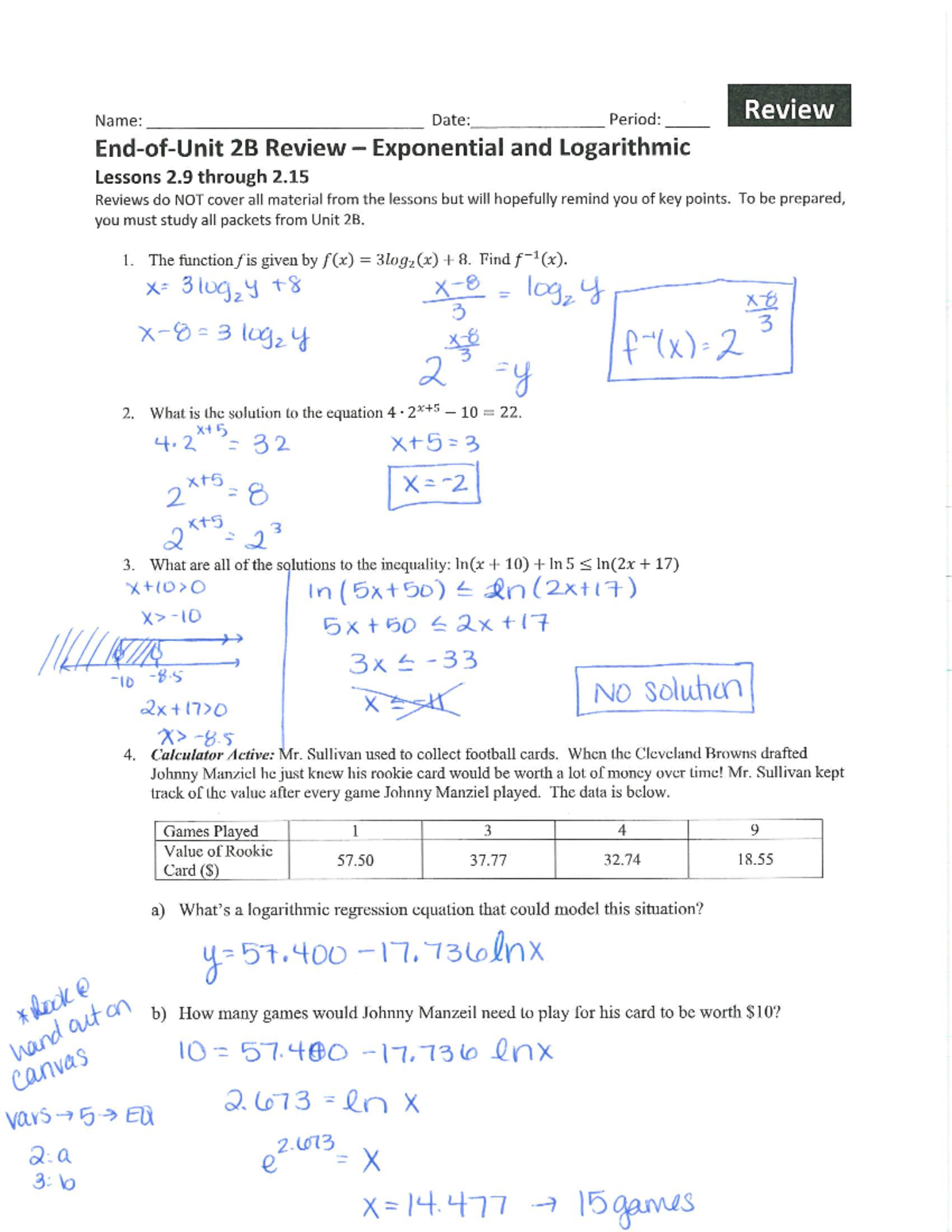 Unit 2B Review: Exponential & Logarithmic Concepts Key - Studocu