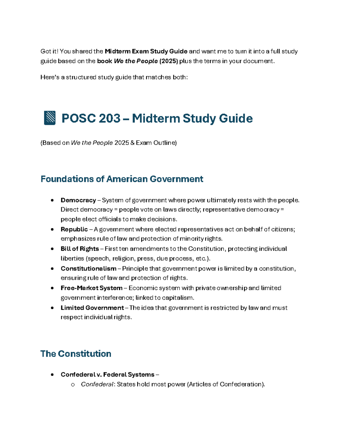 POSC 203 Midterm Exam Study Guide & Practice Q&A (We the People 2025 ...