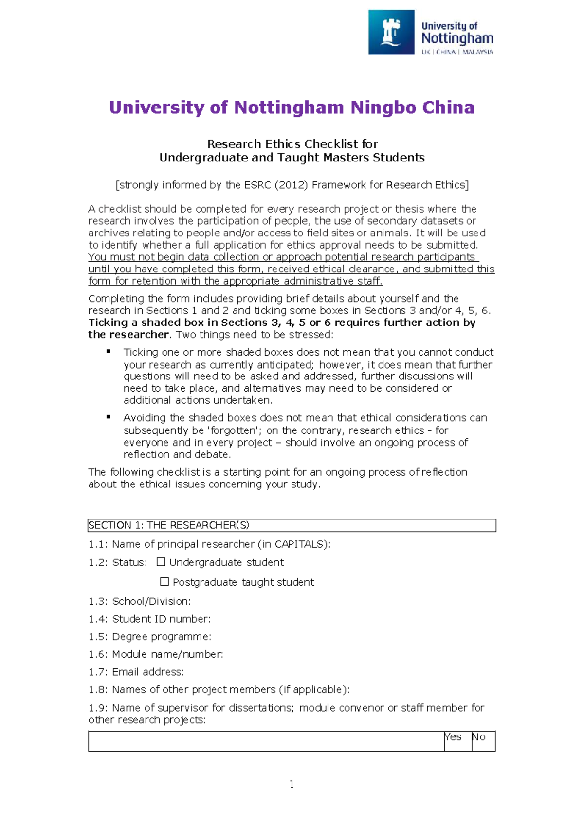 Research Ethics Checklist Authorization for UG & PGT Students - Studocu