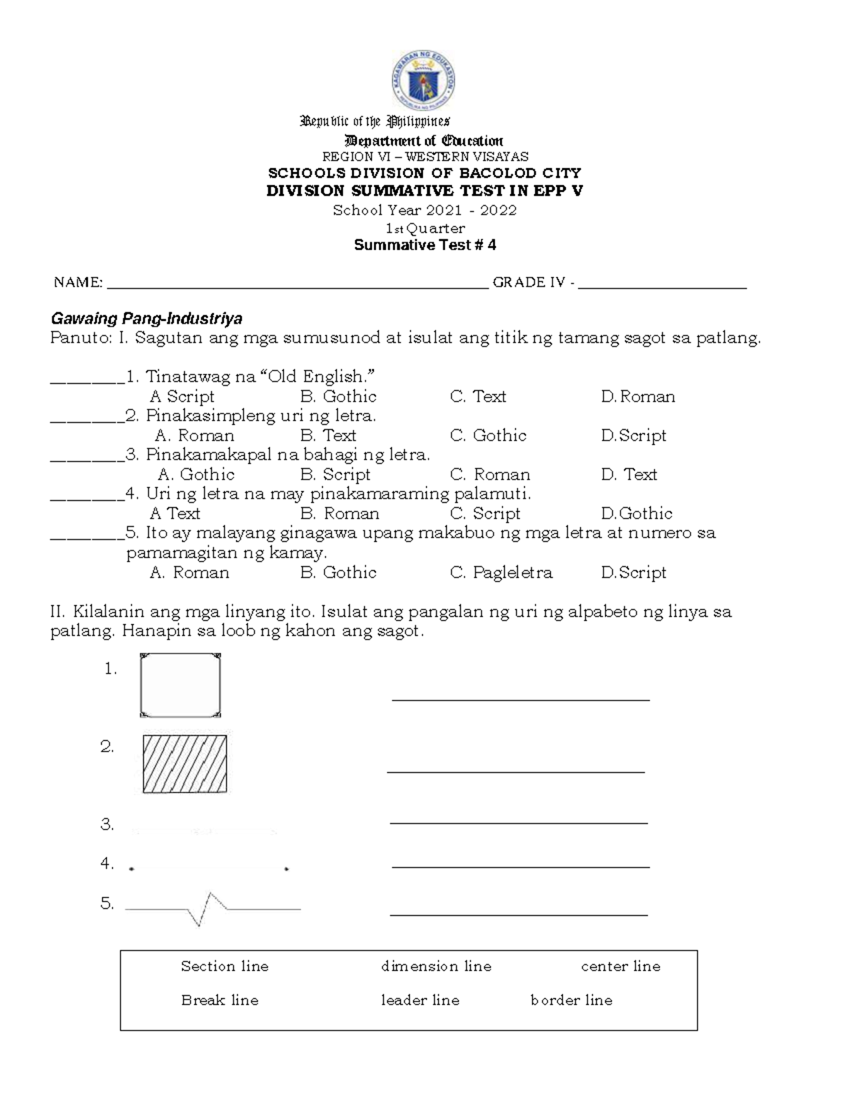 Q1 EPP 4 Summative Test 4: Gawaing Panuto and Alpabeto - Studocu