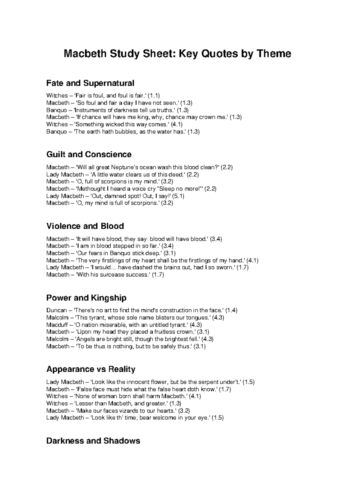 Macbeth Quotes Study Sheet: Themes of Fate & Supernatural - Studocu