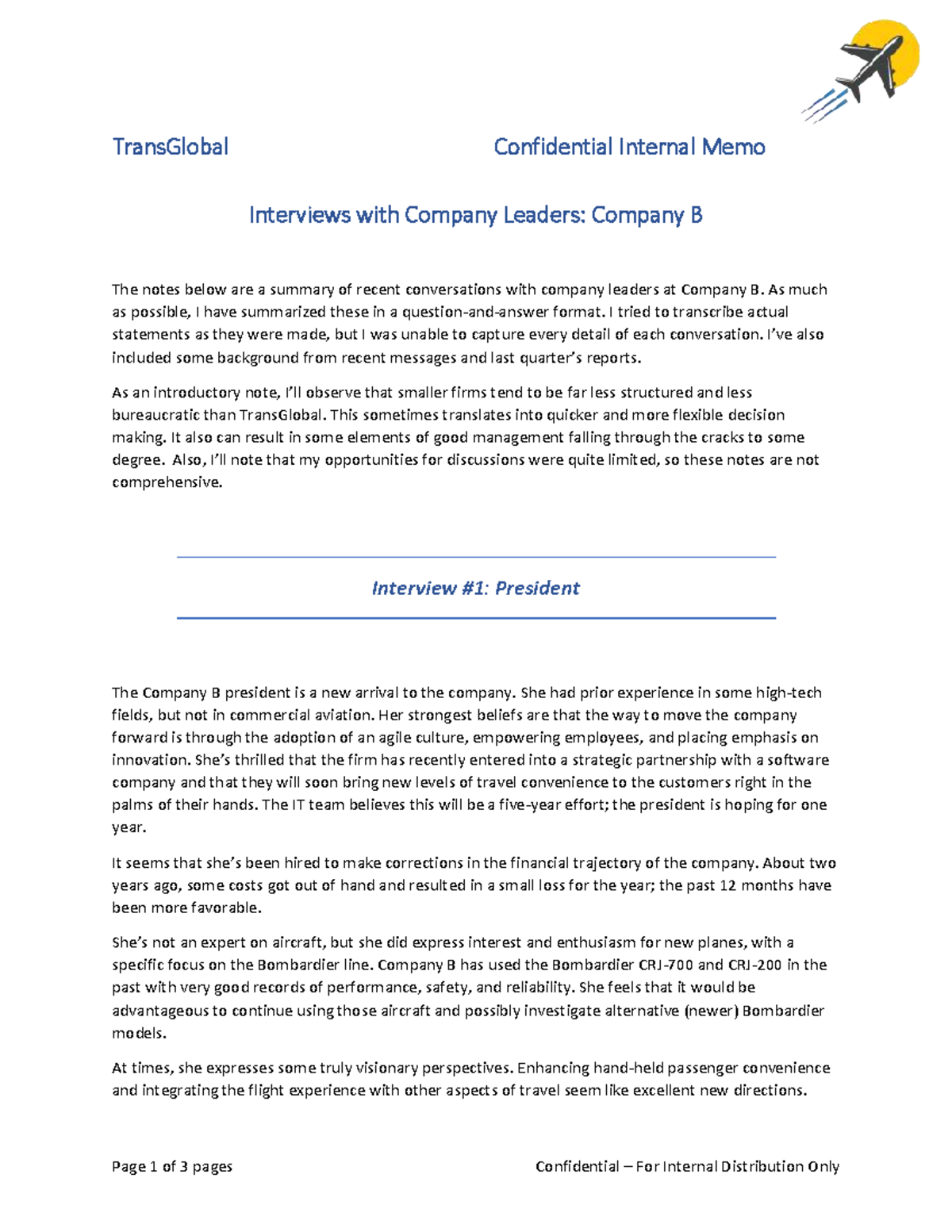 MBA 620 Company B Confidential Interview Notes - Page 1 of 3 pages ...