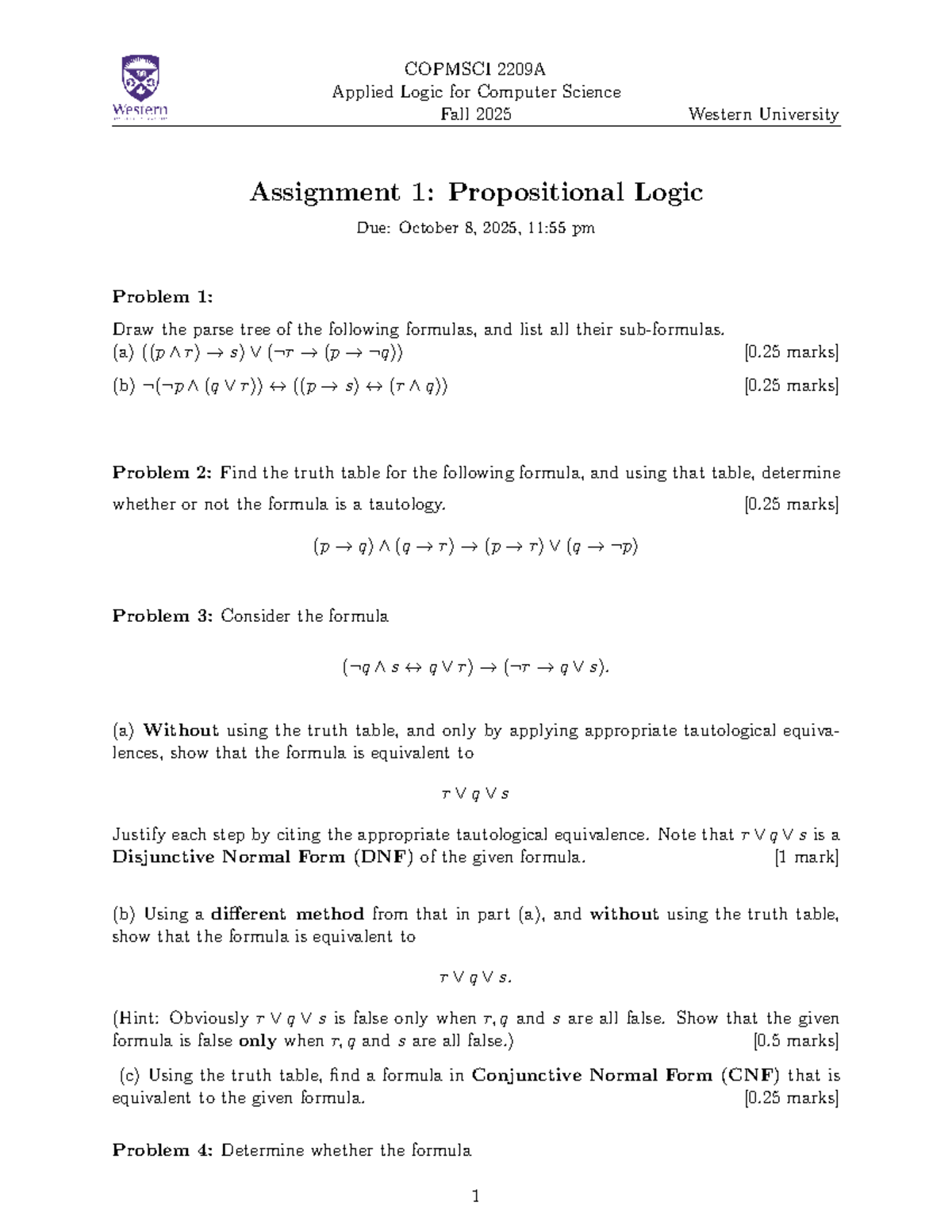 COPMSCI 2209A Assignment 1: Propositional Logic Solutions - Studocu