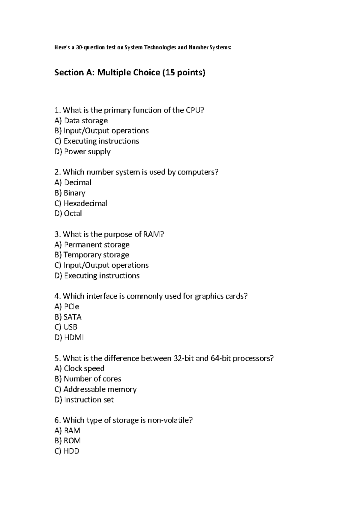 System Technologies and Number Systems Test (30 Questions) - Studocu