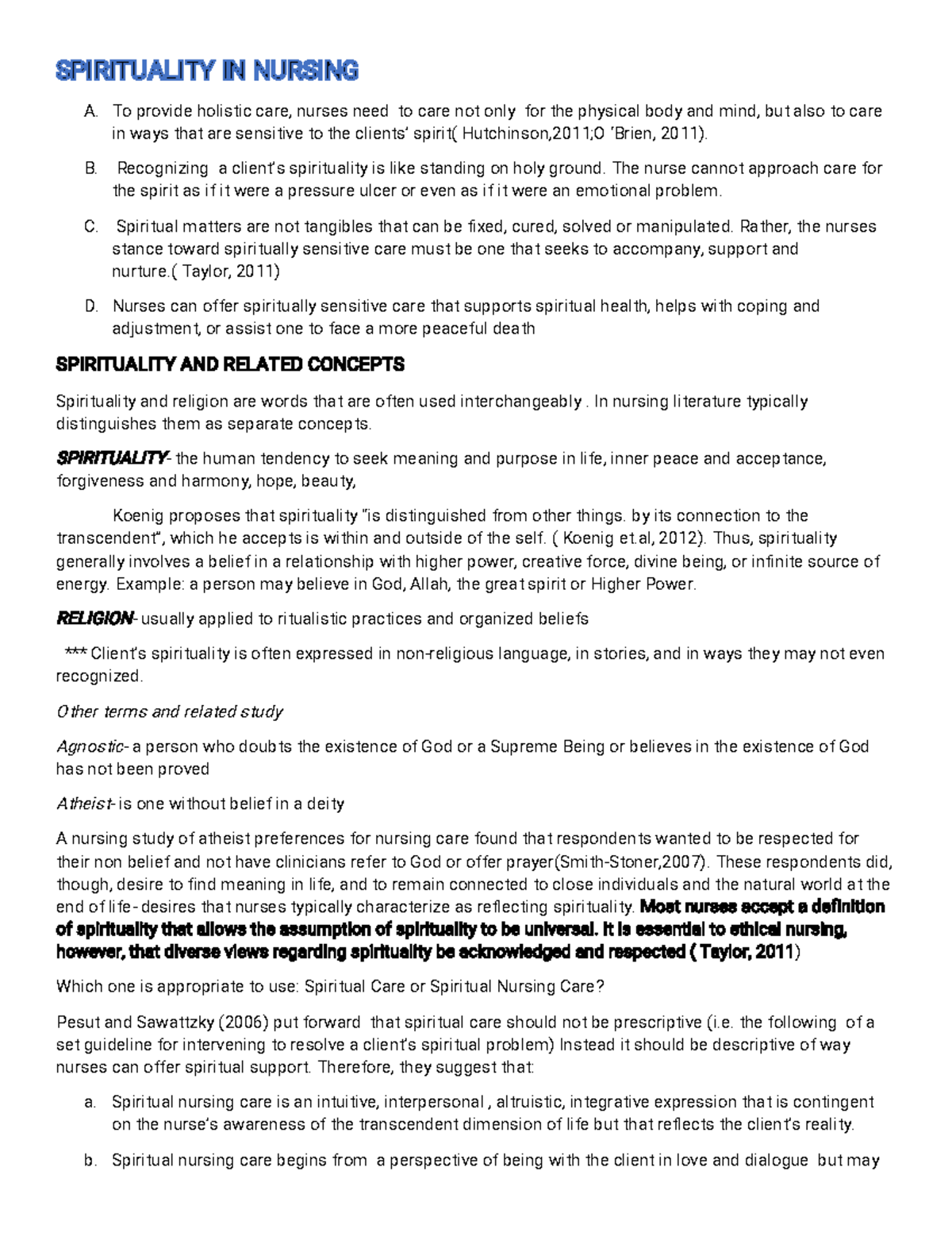 SSP 301: Spirituality in Nursing and Psychosocial Care Notes - Studocu