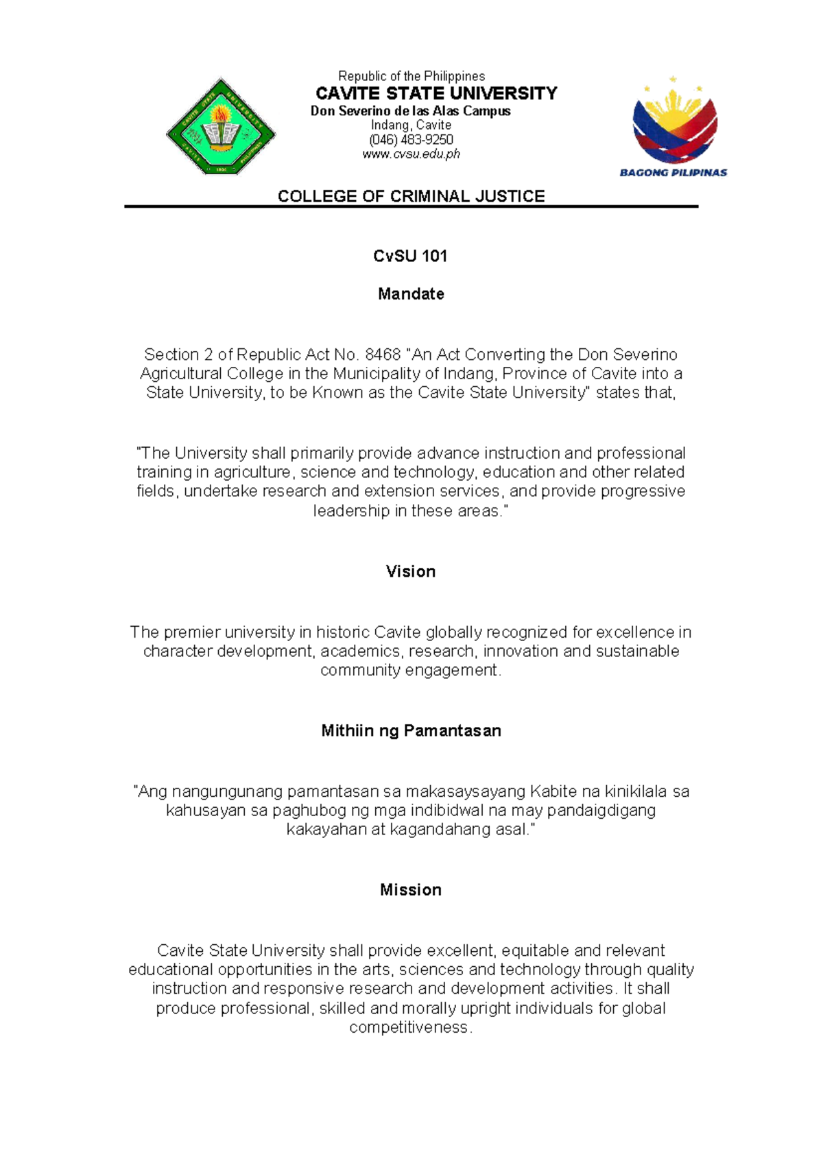 CvSU 101 - Lessons & Topics Overview in Criminal Justice - Studocu